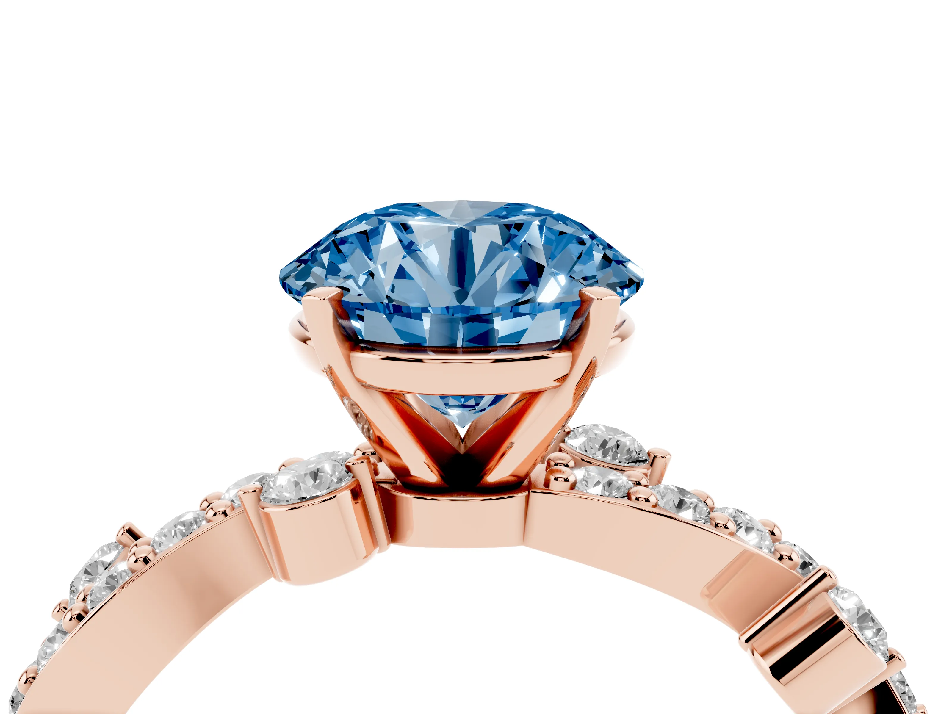 Fancy Blue Round Cut Diamond Solitaire Twisted Band Set in Rose gold with Pavé Setting