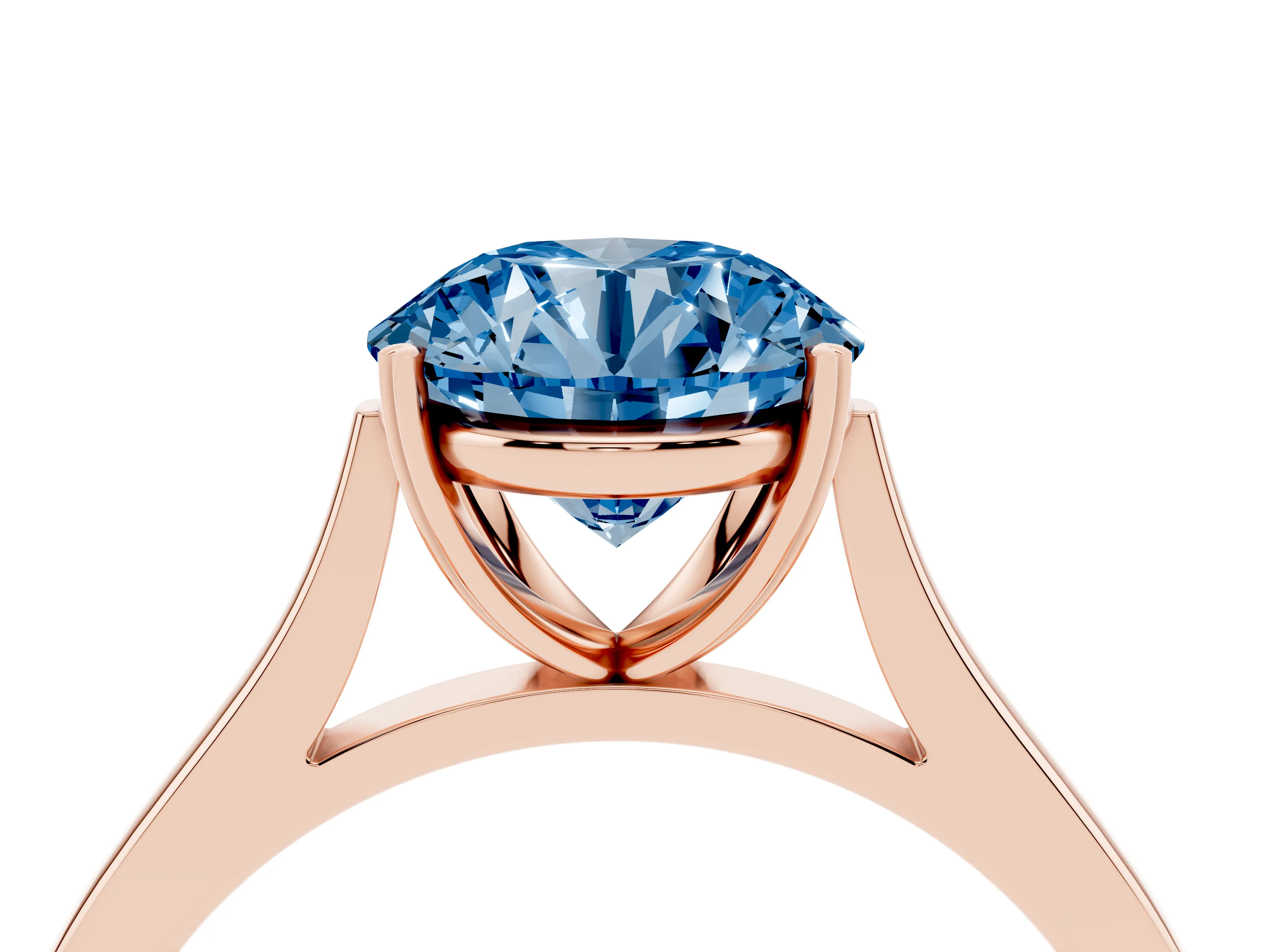 Fancy Blue Round Cut Diamond Solitaire Heart Prong Engagement Ring Set in Rose gold with Tapered Band