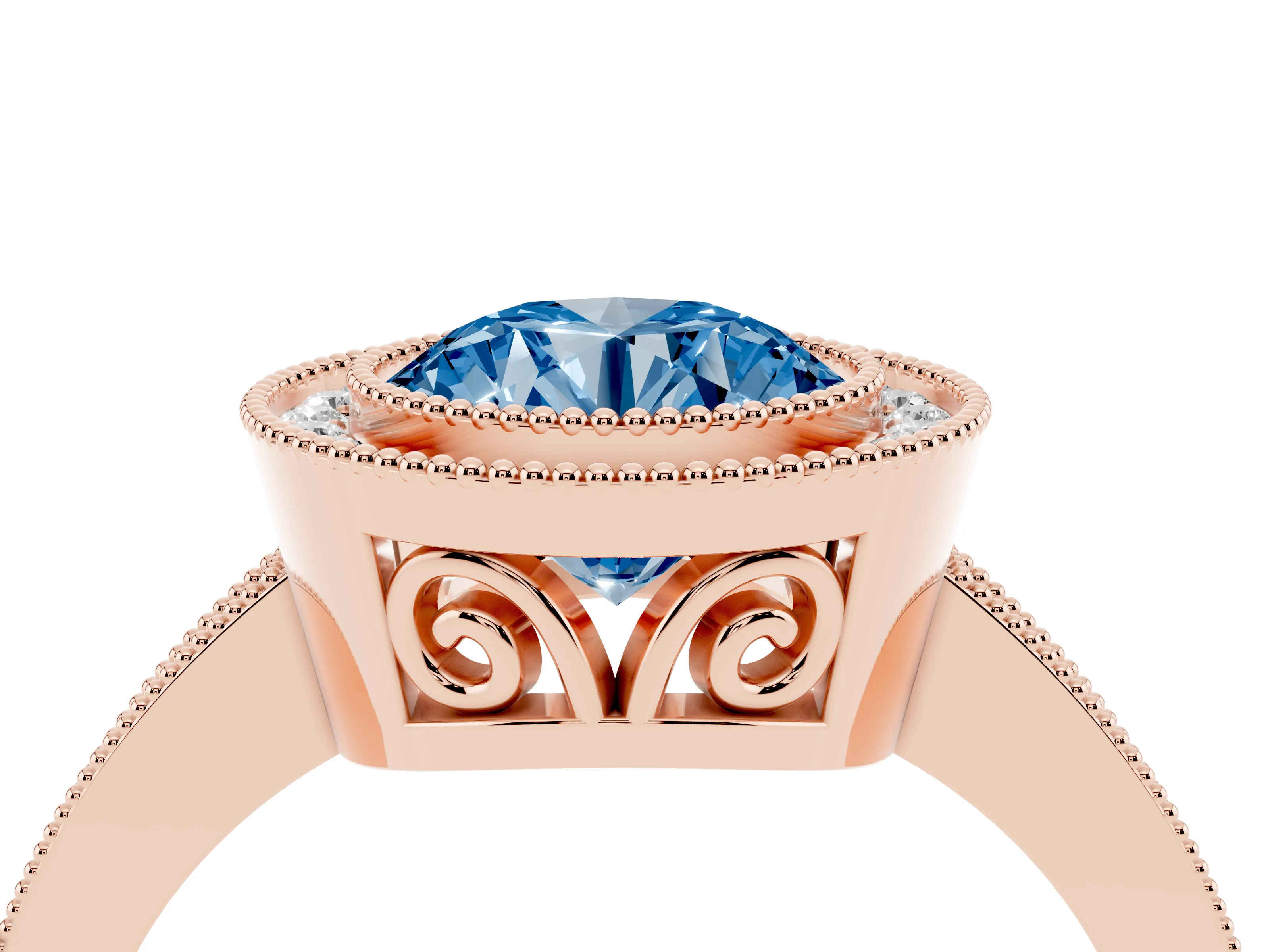 Fancy Blue Round Cut Diamond Halo Ring Set in Rose gold with Pavé Band and Milgrain-Edged Prongs