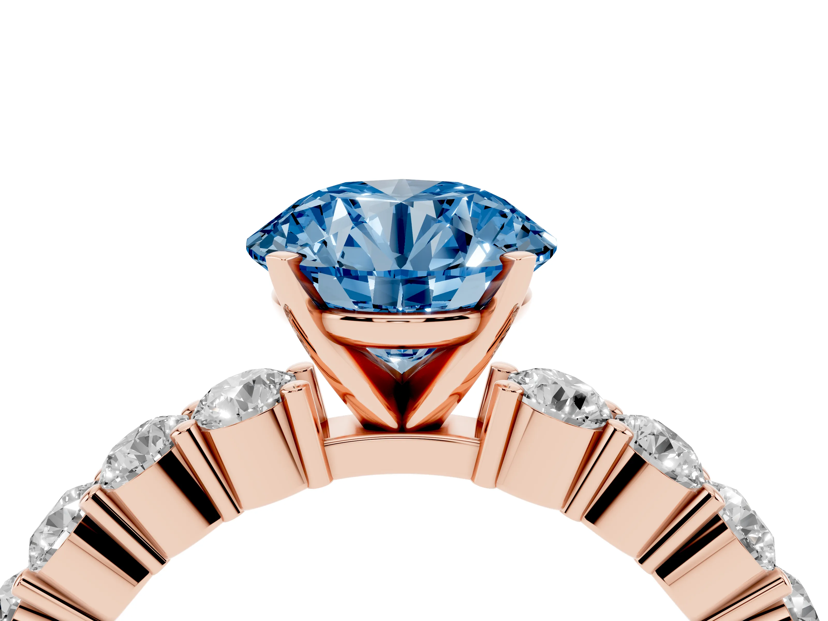 Fancy Blue Round Cut Diamond Solitaire Ring Set in Rose gold with Shared Prong Round Side Stones