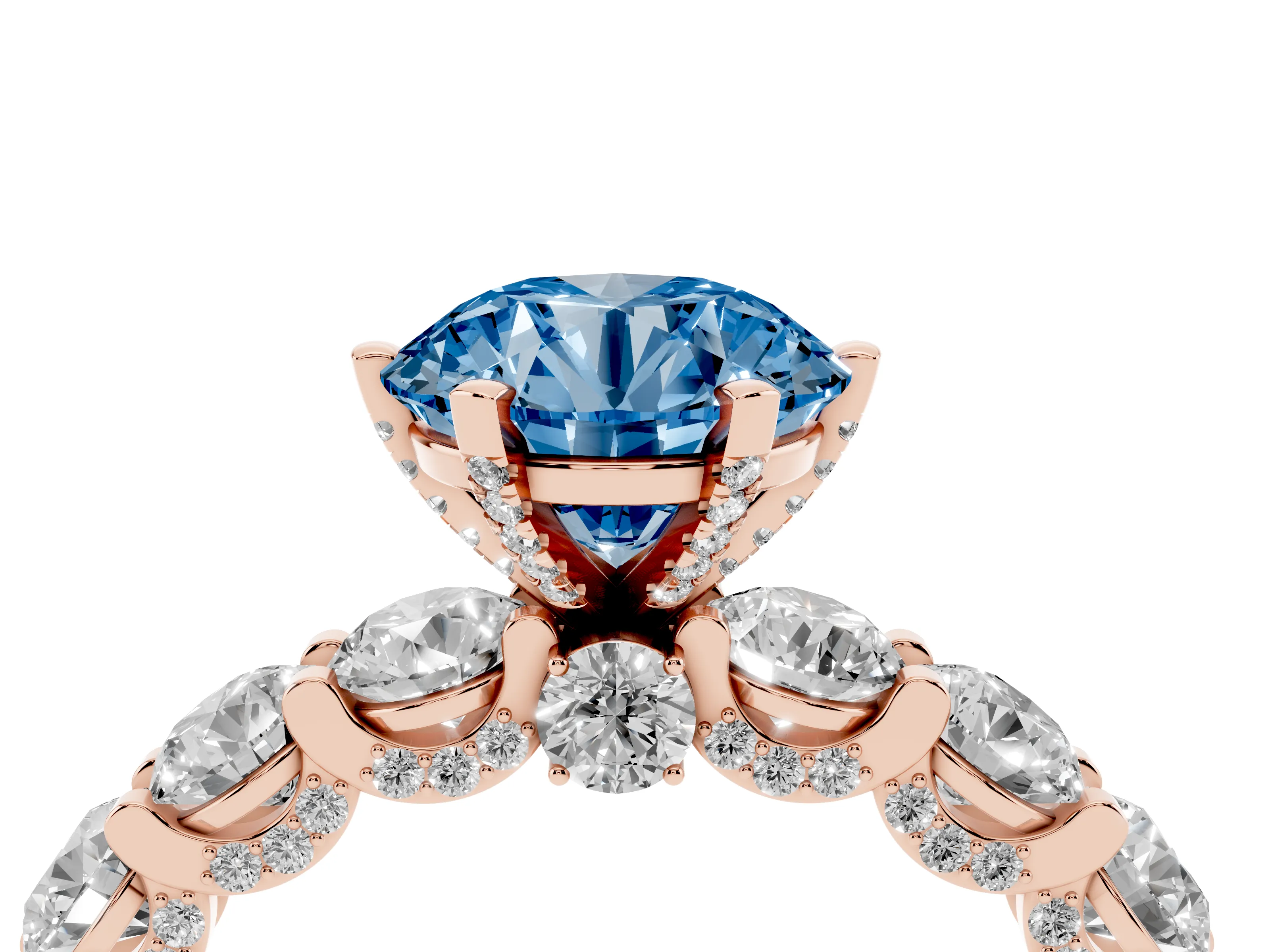 Fancy Blue Round Cut Diamond Side Stone Ring Set in Rose gold with Alternating Round and Oval Side Stones
