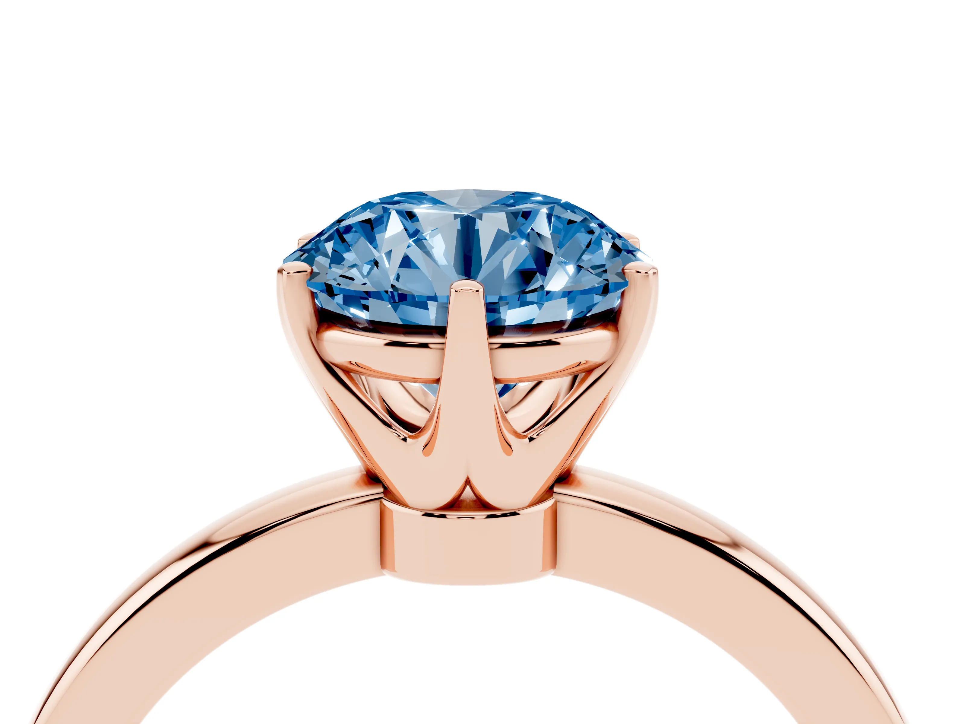 Fancy Blue Round Cut Diamond Solitaire Ring Set in Rose gold with Raised Prong Setting on a Classic Band