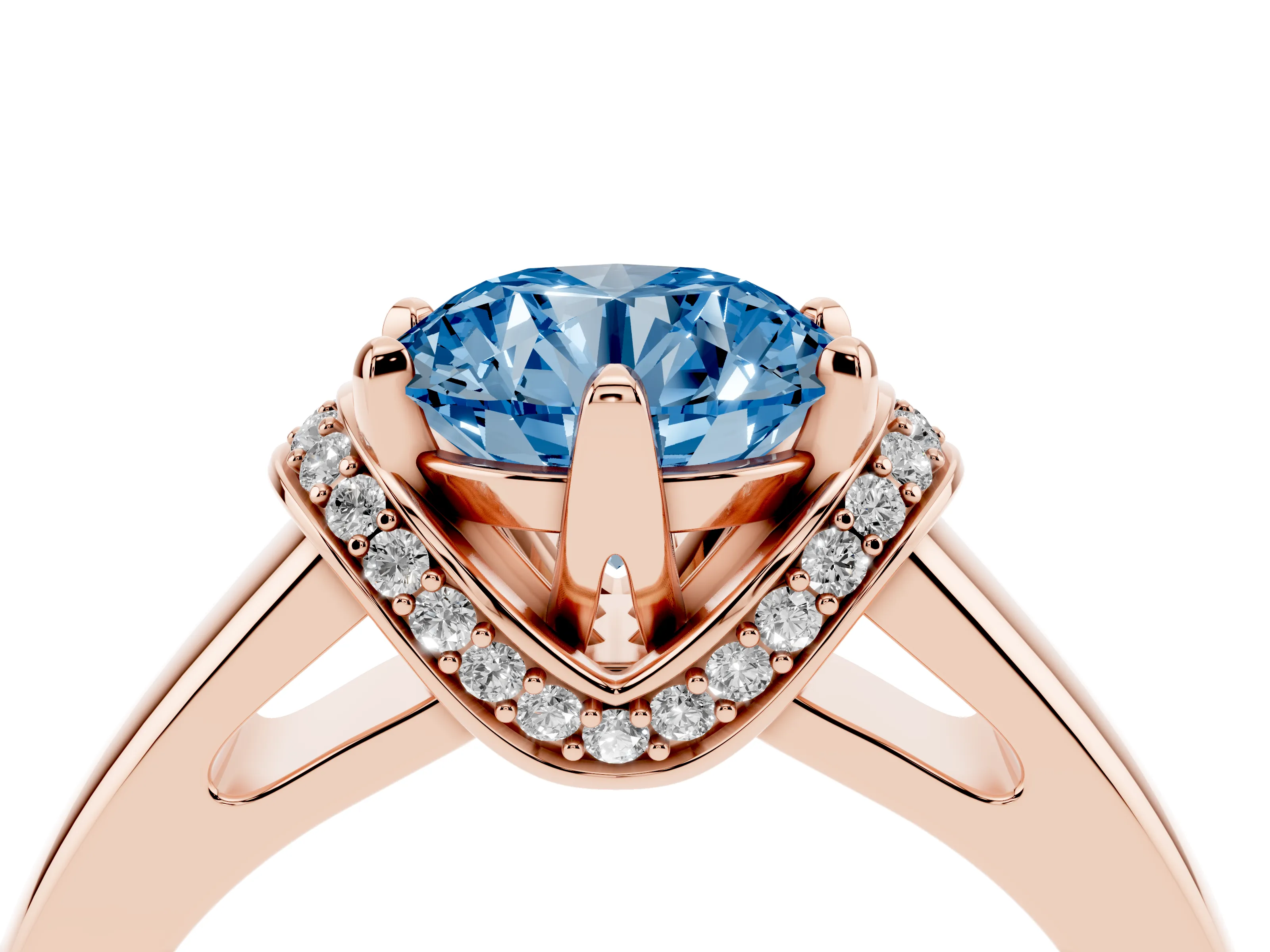 Fancy Blue Round Cut Diamond Pavé Band Solitaire Ring Set in Rose gold with Prong Setting