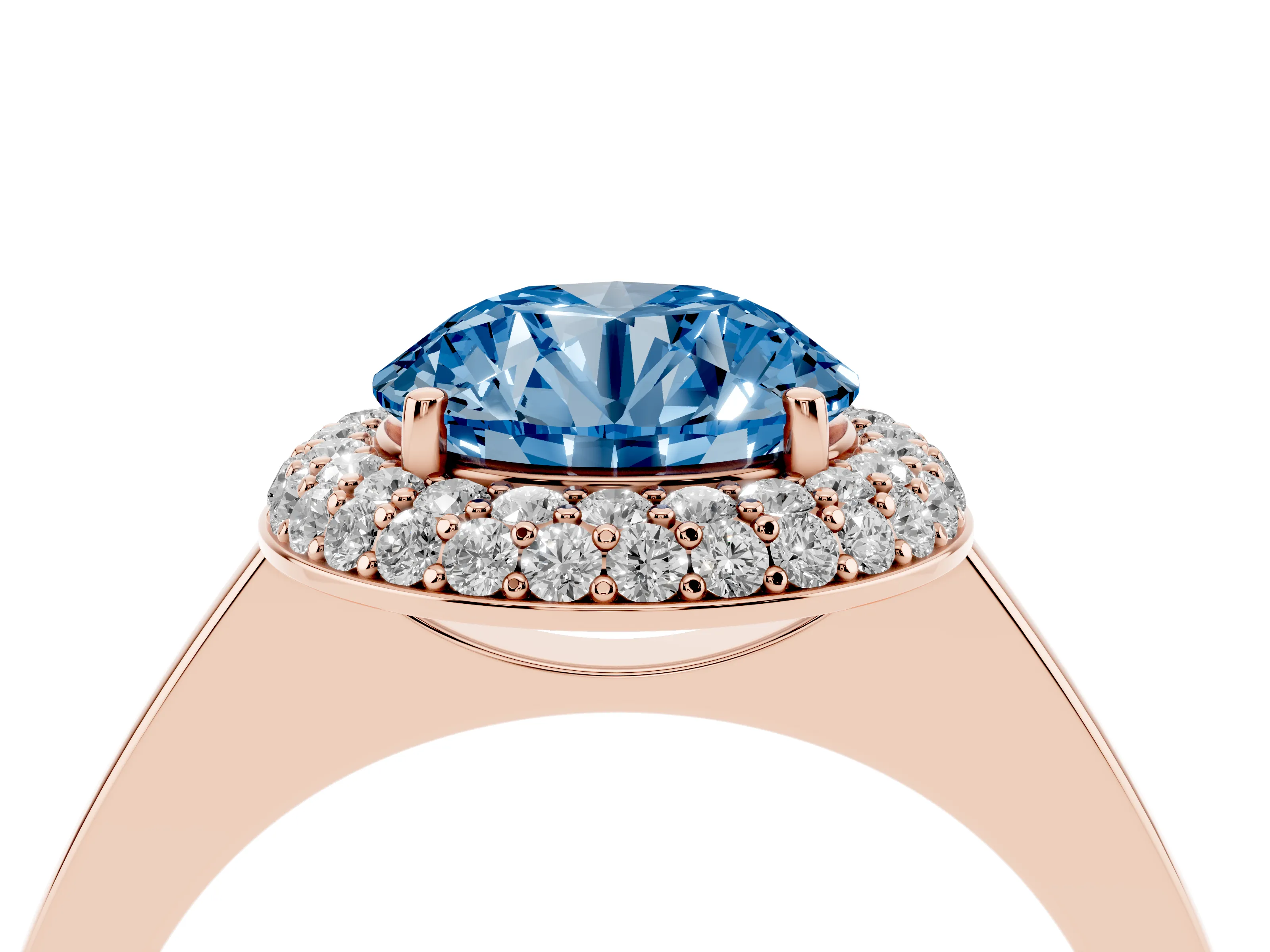 Fancy Blue Round Cut Diamond Halo Engagement Ring Set in Rose gold with Solitaire Band and Prong Setting