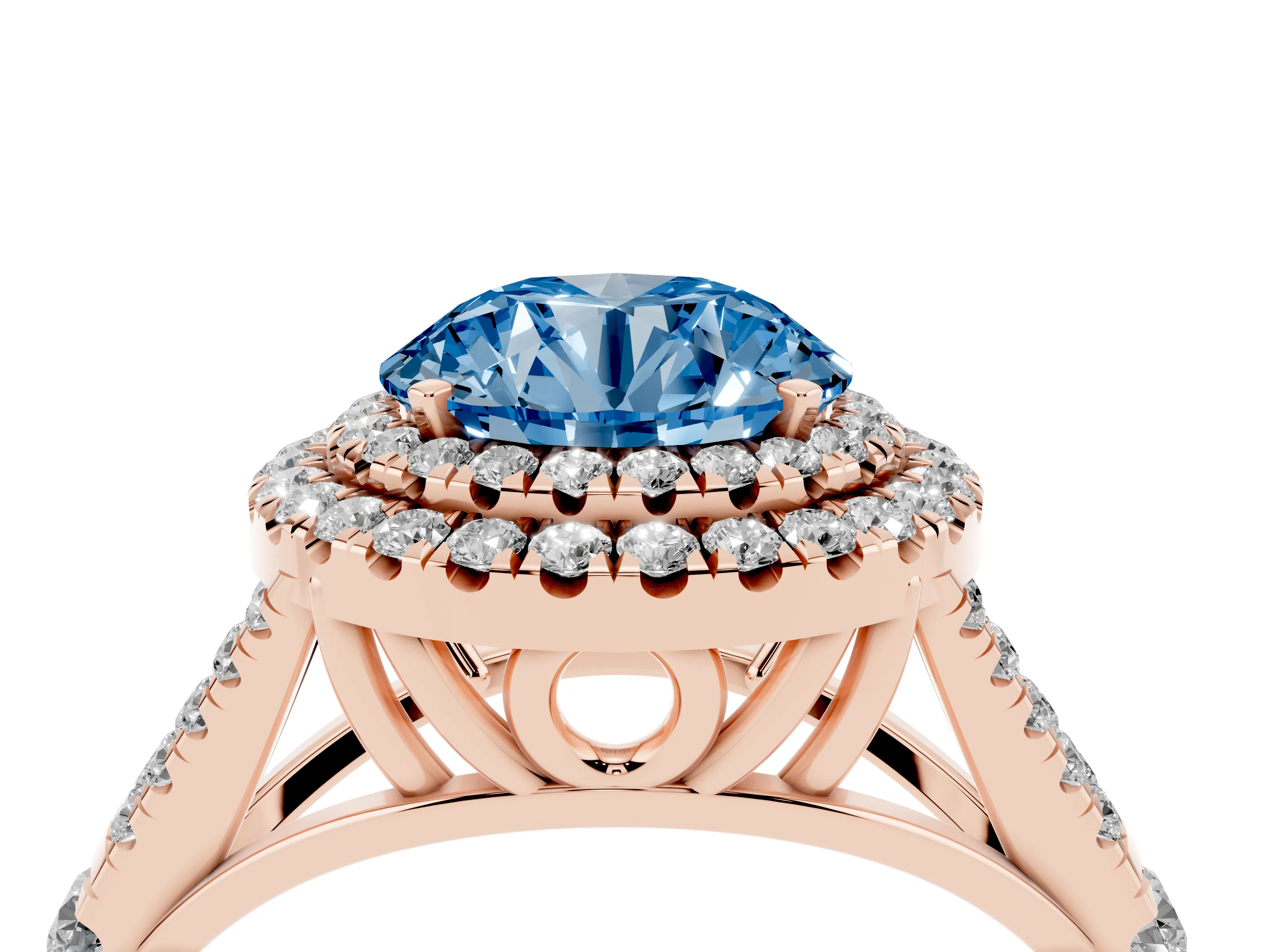 Fancy Blue Round Cut Diamond Pavé Split Shank Double Halo Engagement Ring Set in Rose gold