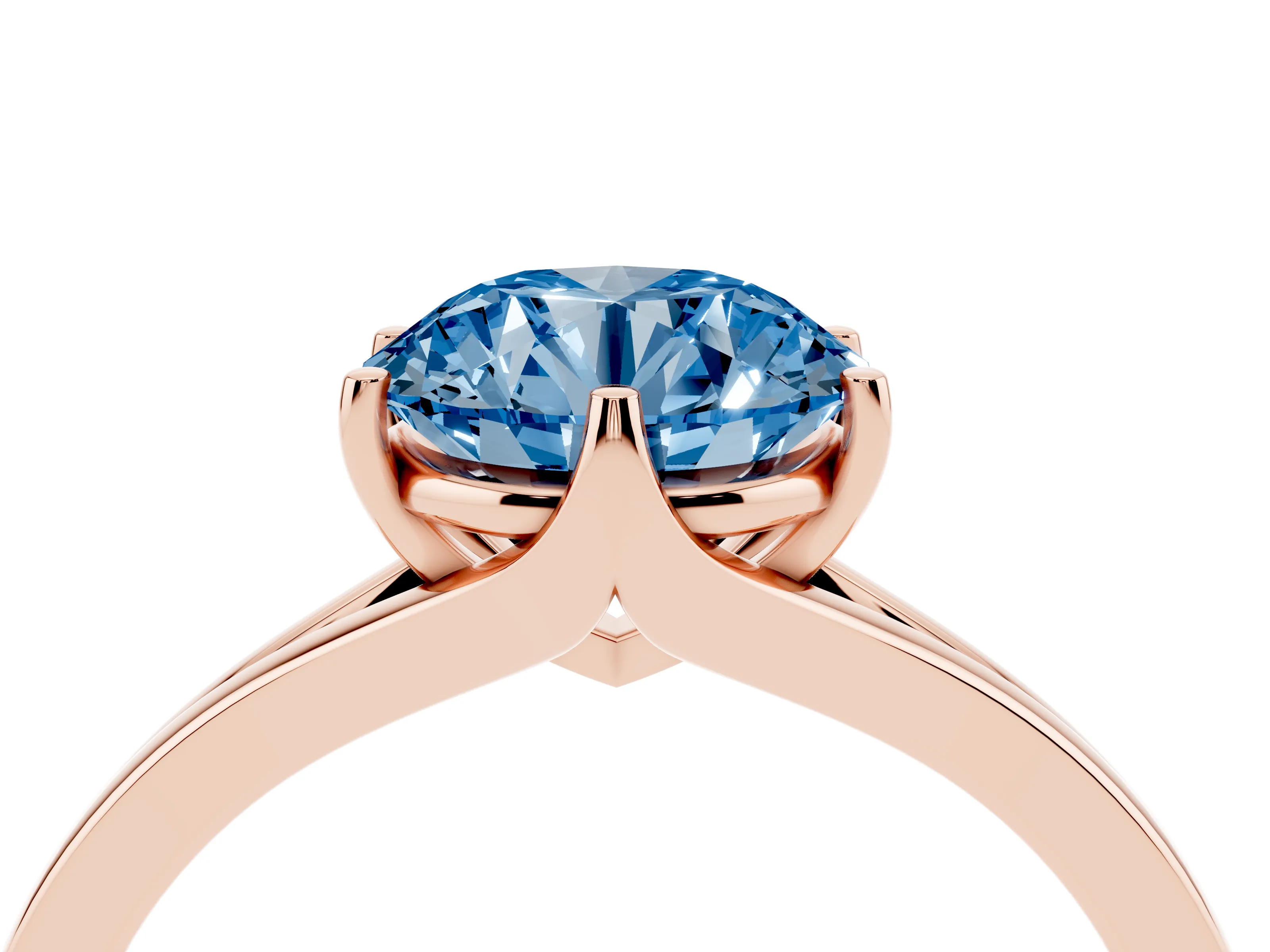 Fancy Blue Round Cut Diamond Solitaire Ring Set in Rose gold with Polished Tapered Band and Prong Setting