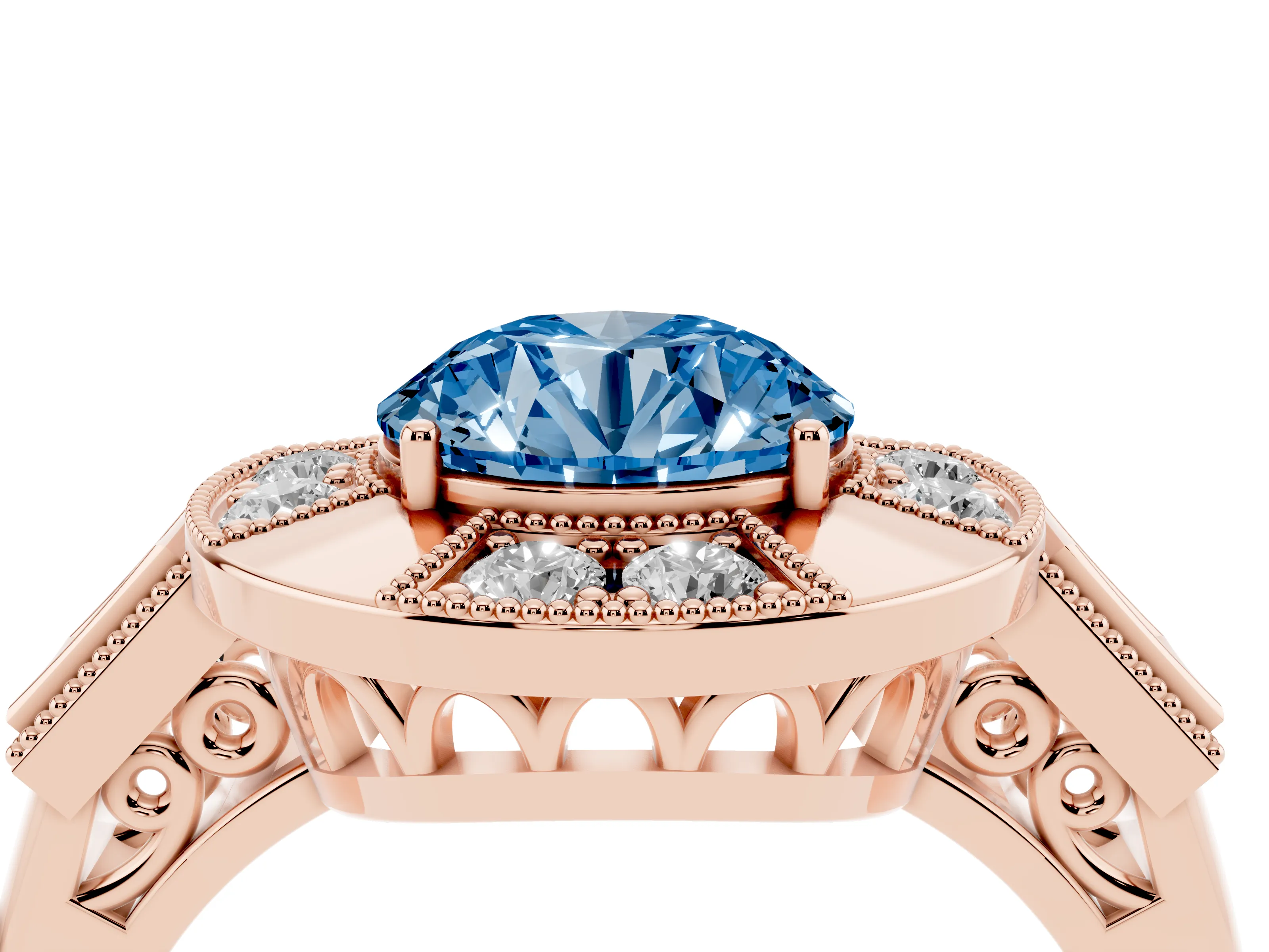 Fancy Blue Round Cut Diamond Milgrain Halo Ring Set in Rose gold with Split Shank