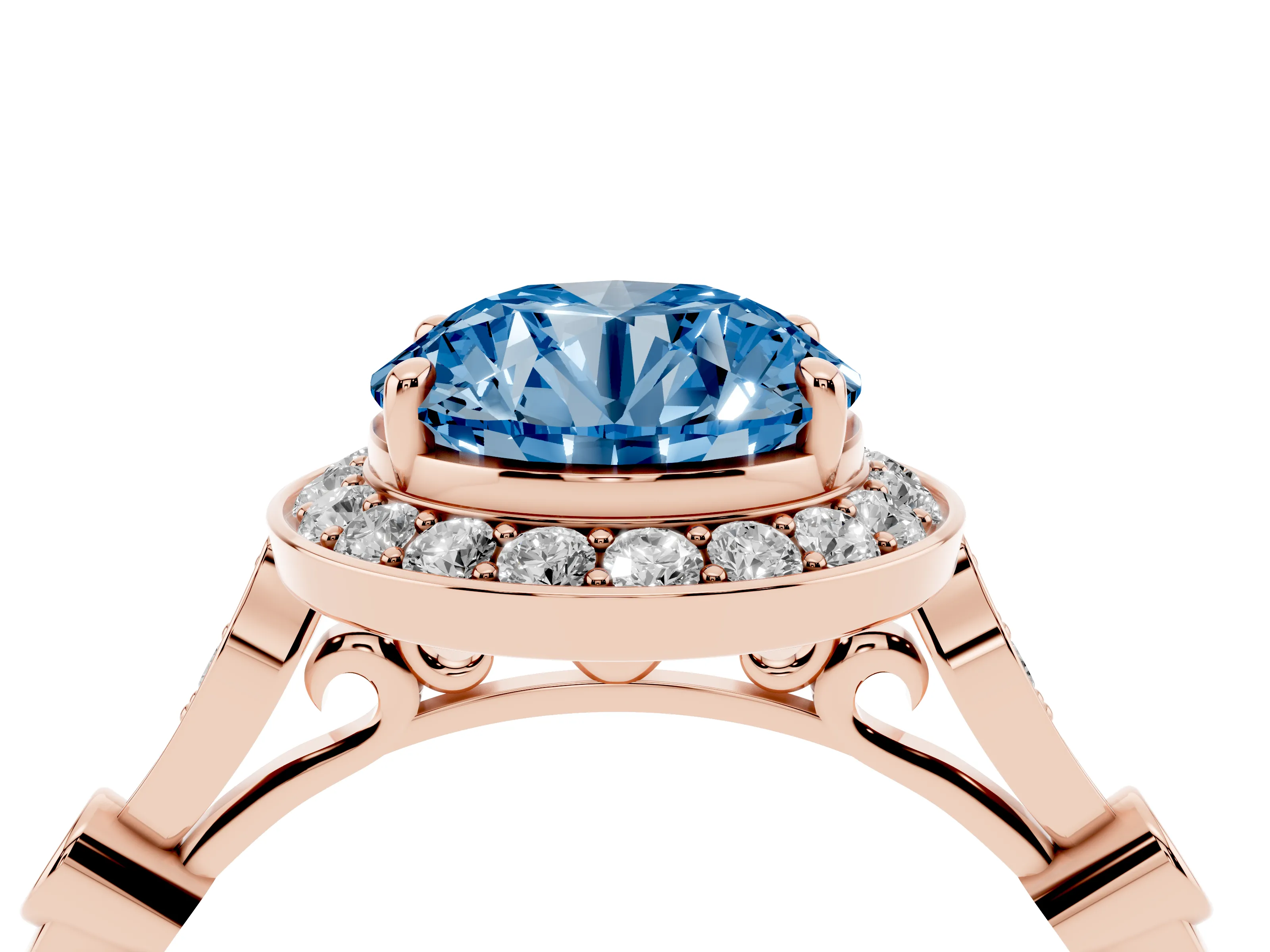 Fancy Blue Round Cut Diamond Halo Engagement Ring Set in Rose gold with Twisted Band and Prong Setting