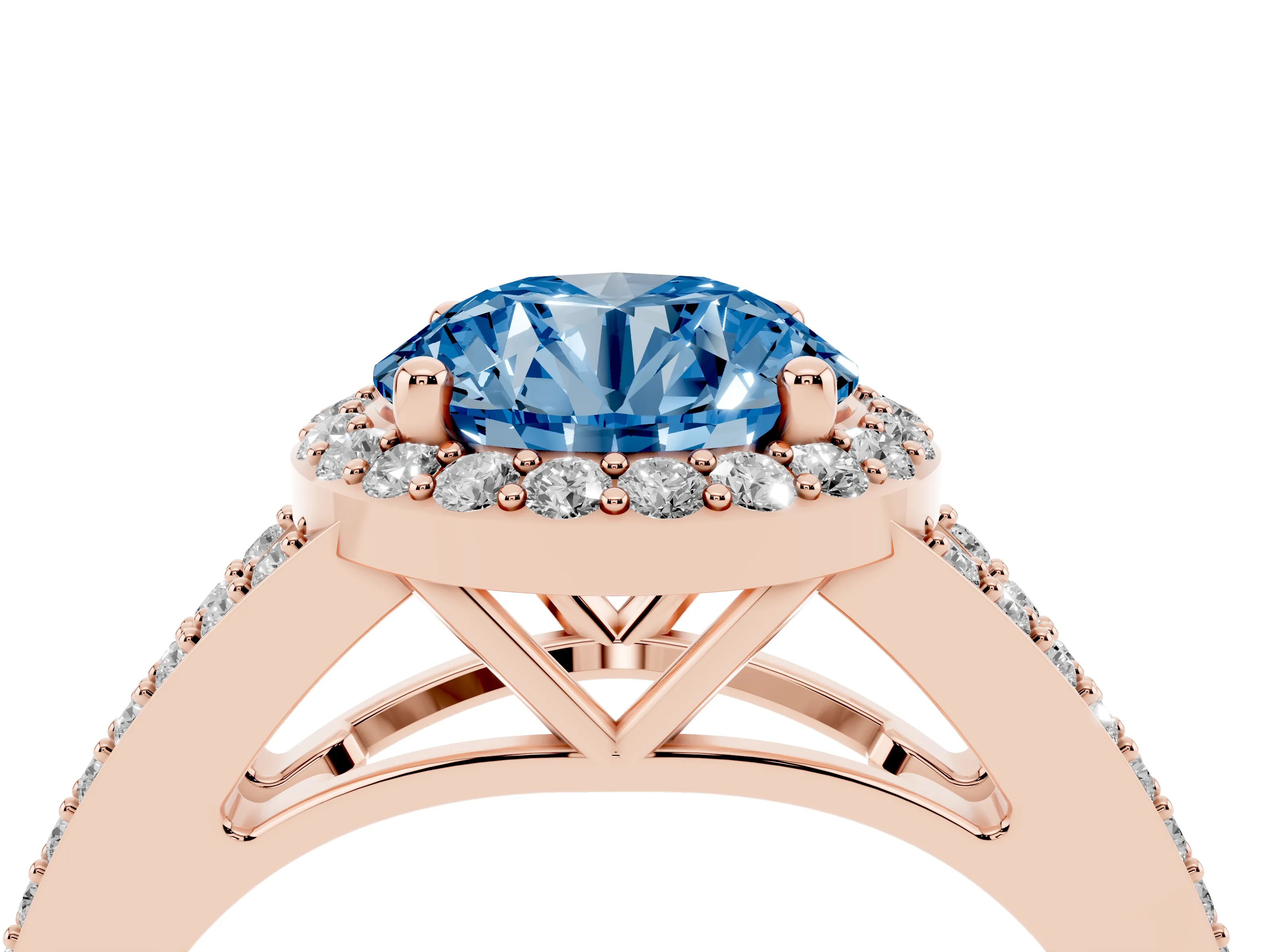 Fancy Blue Round Cut Diamond Halo Split Shank Pavé Ring Set in Rose gold with Prong Setting