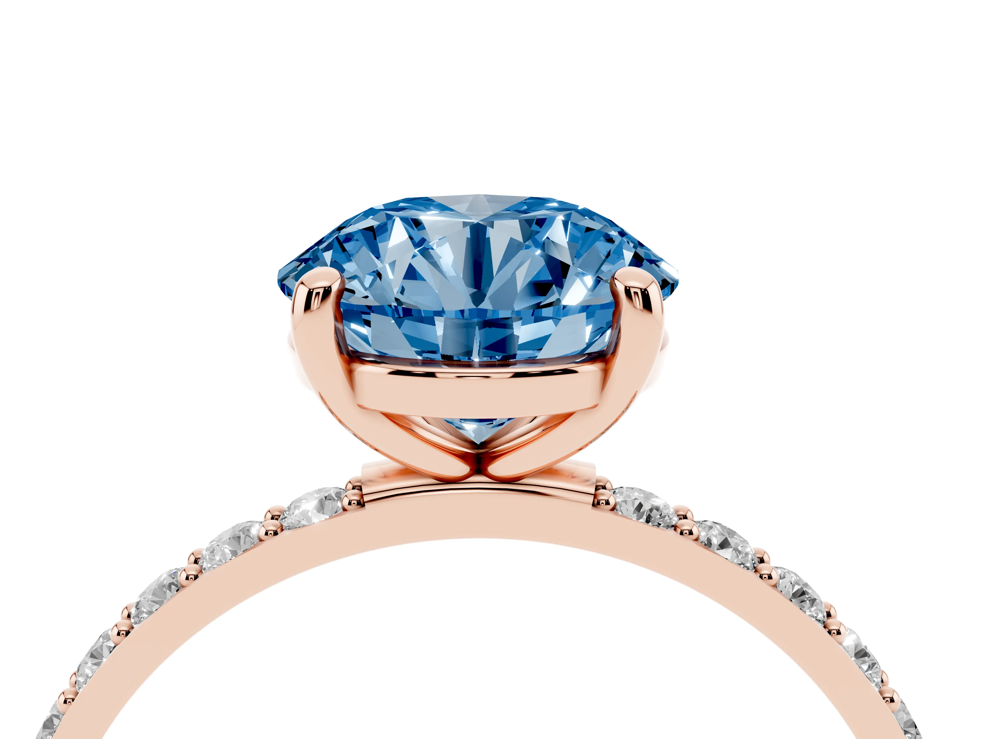 Fancy Blue Round Cut Diamond Solitaire Ring Set in Rose gold with Round Pavé Band and Prong Setting