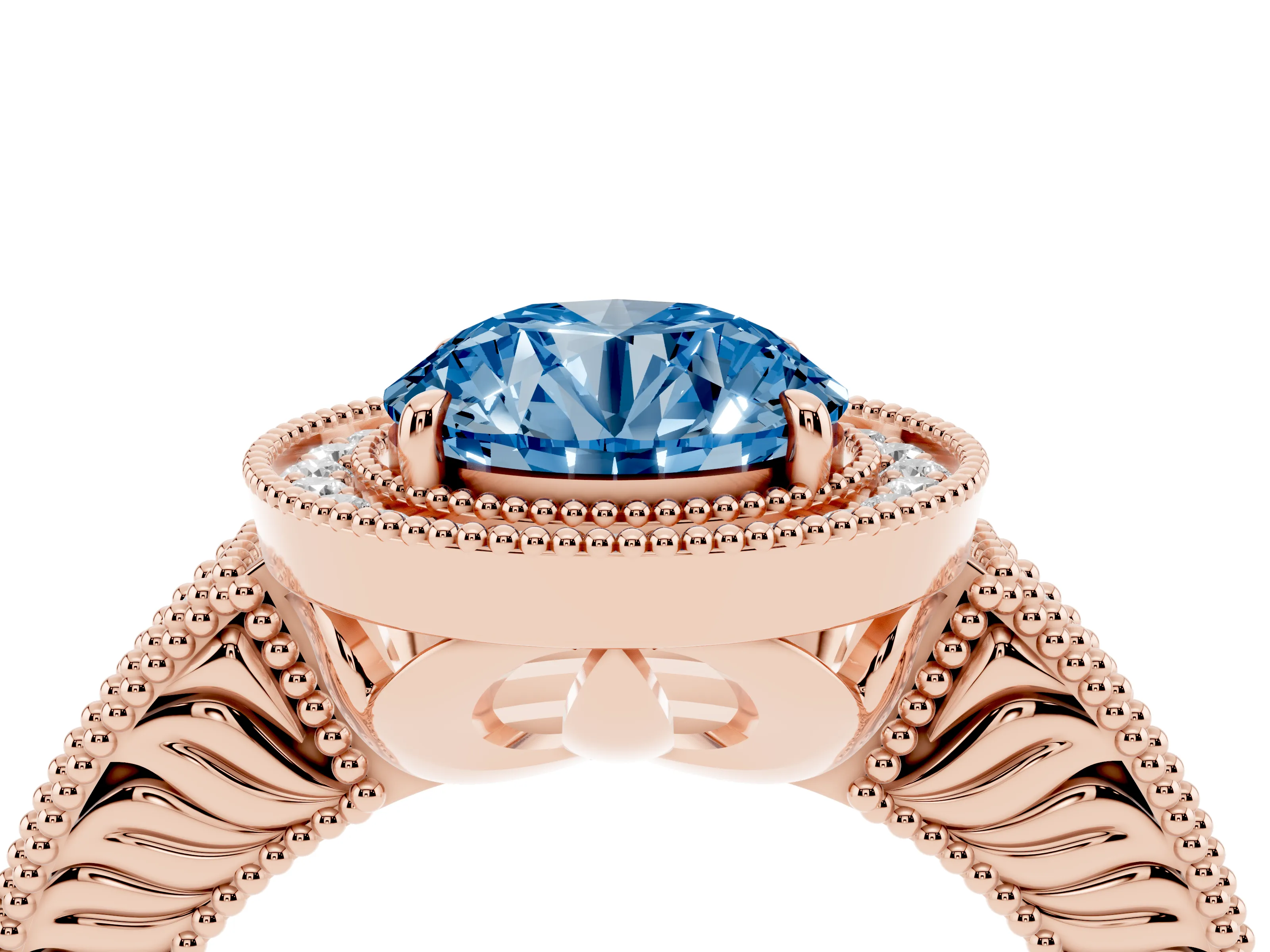 Fancy Blue Round Cut Diamond Halo Ring Set in Rose gold with Round Accent Halo, Pavé Band and Prong Setting