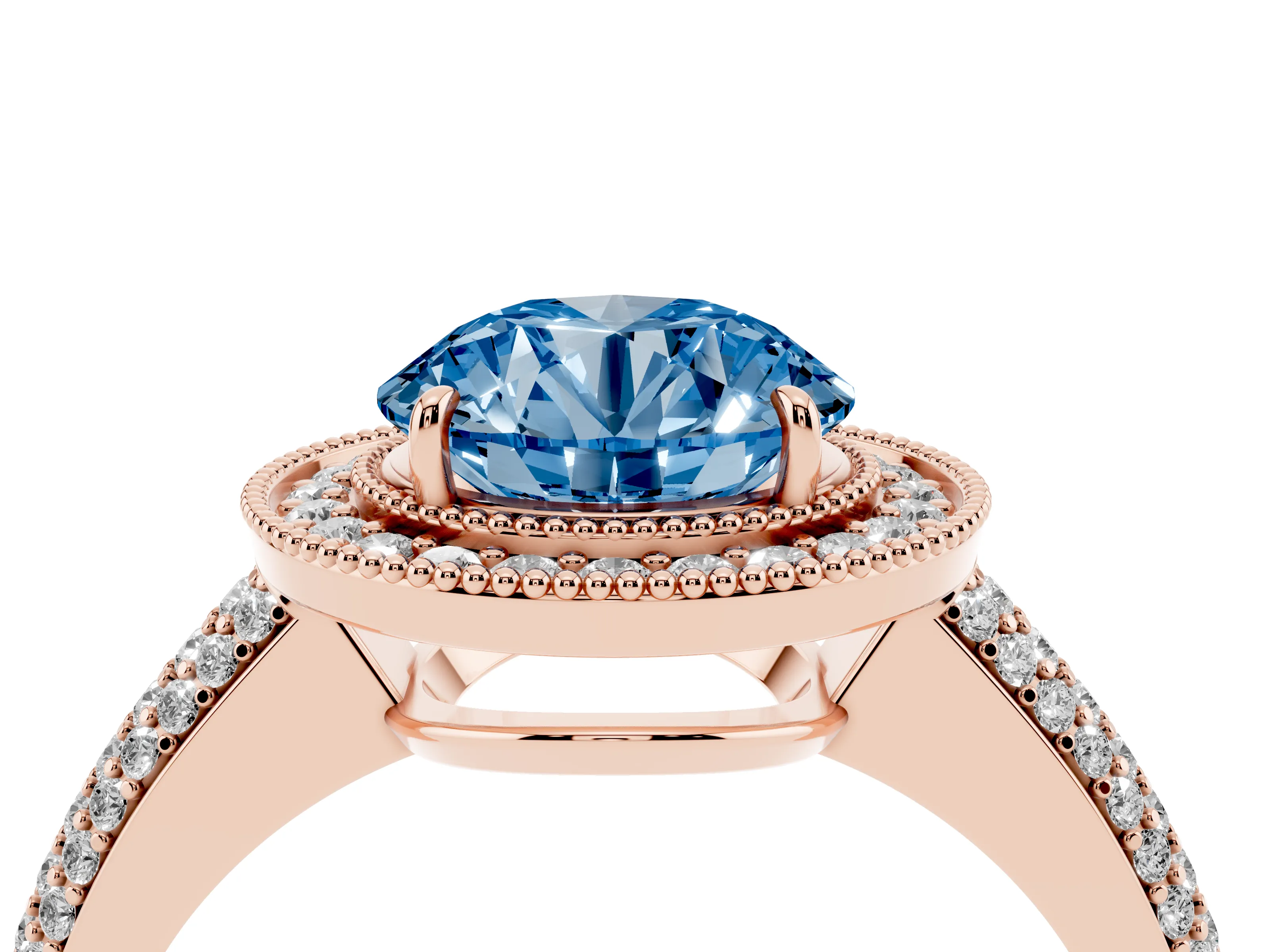 Fancy Blue Round Cut Diamond Halo Pavé Band Set in Rose gold with Prong Setting