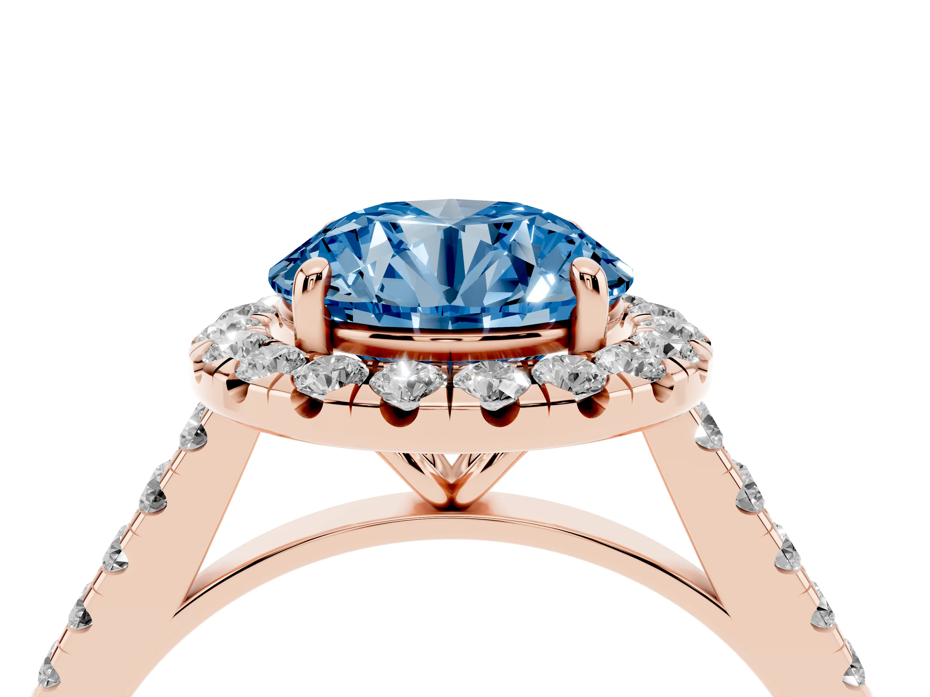 Fancy Blue Round Cut Diamond Halo Pavé Engagement Ring Set in Rose gold with Prong Setting