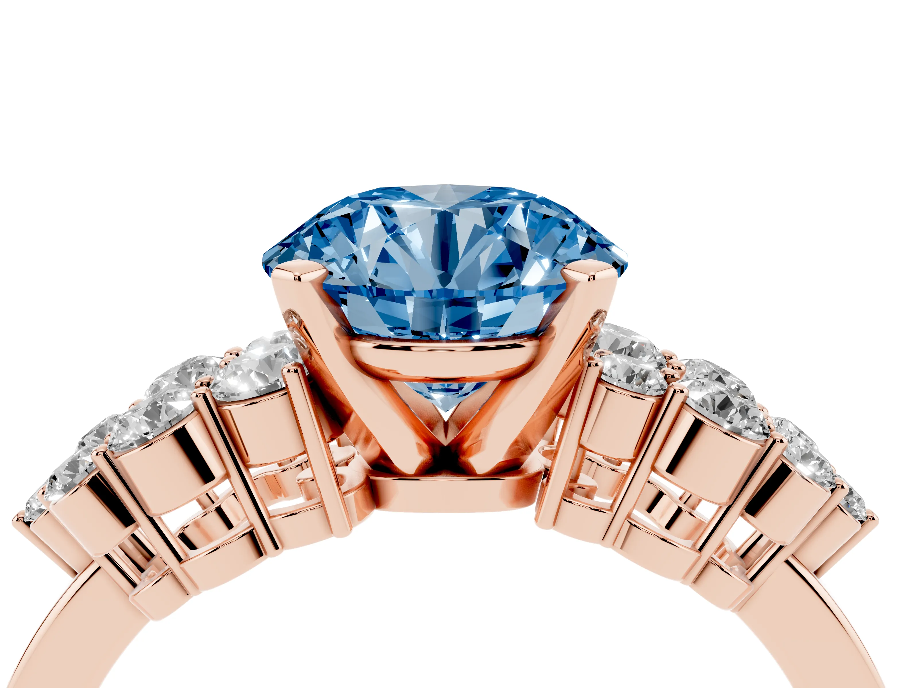 Fancy Blue Round Cut Diamond Cluster Engagement Ring Set in Rose gold with Pavé Band and Prong Setting