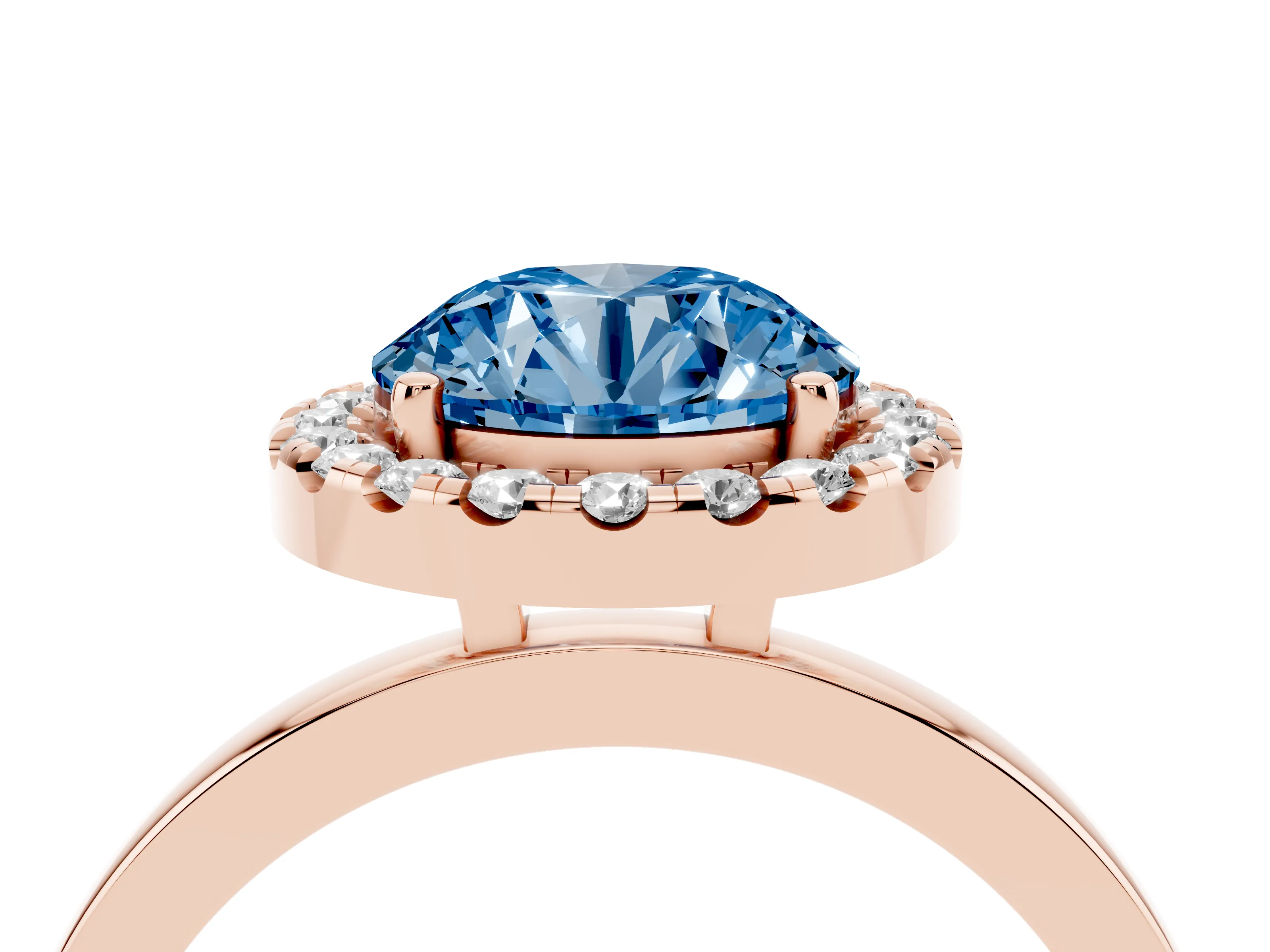 Fancy Blue Round Cut Diamond Halo Solitaire Ring Set in Rose gold with Pavé Band and Prong Setting