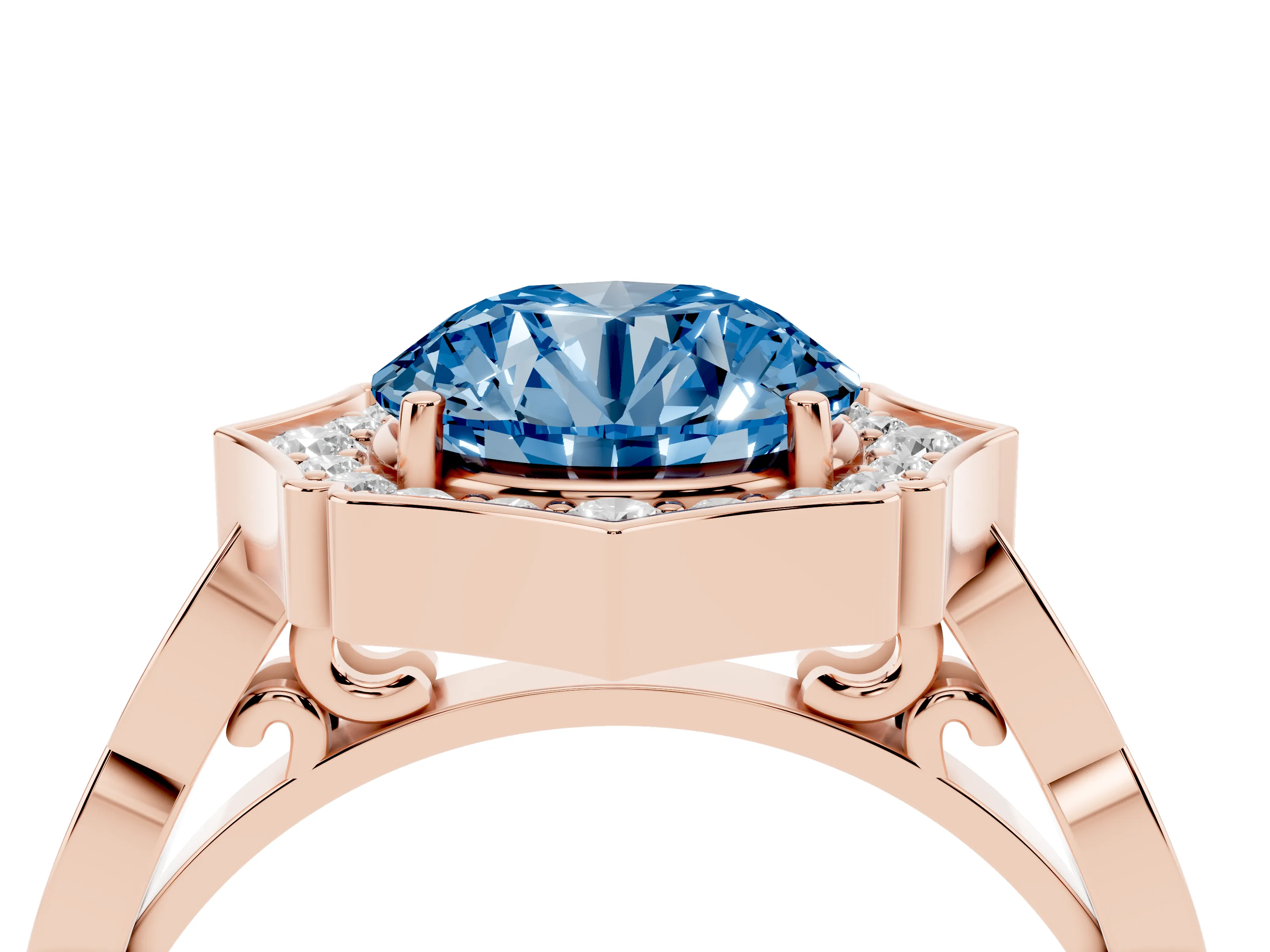 Fancy Blue Round Cut Diamond Halo Engagement Ring Set in Rose gold with Milgrain Band and Prong Setting