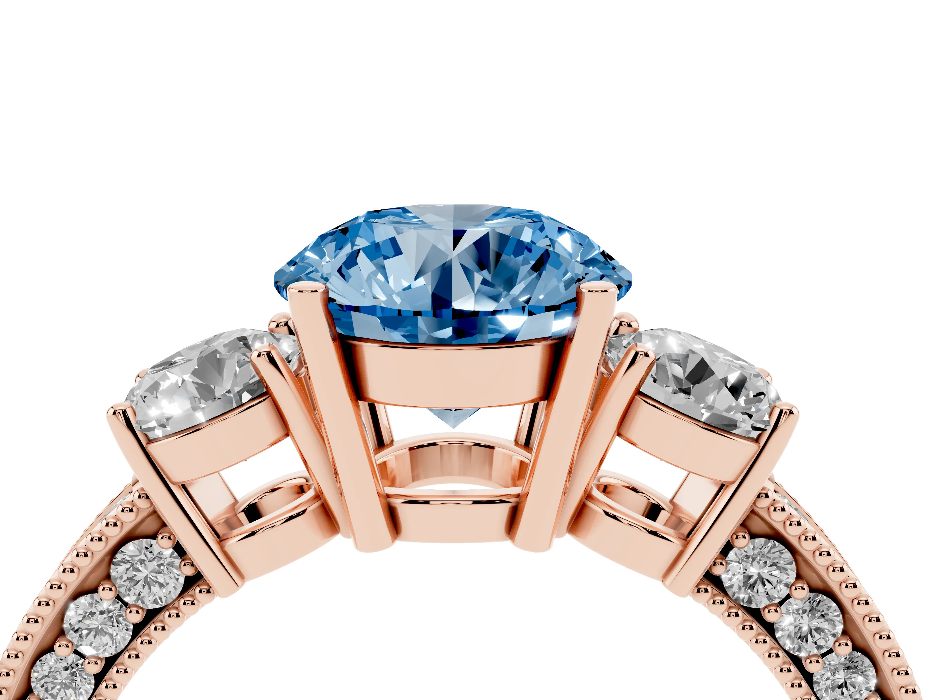 Fancy Blue Round Cut Diamond Three-Stone Ring Set in Rose gold with Round Side Stones and Pavé Band