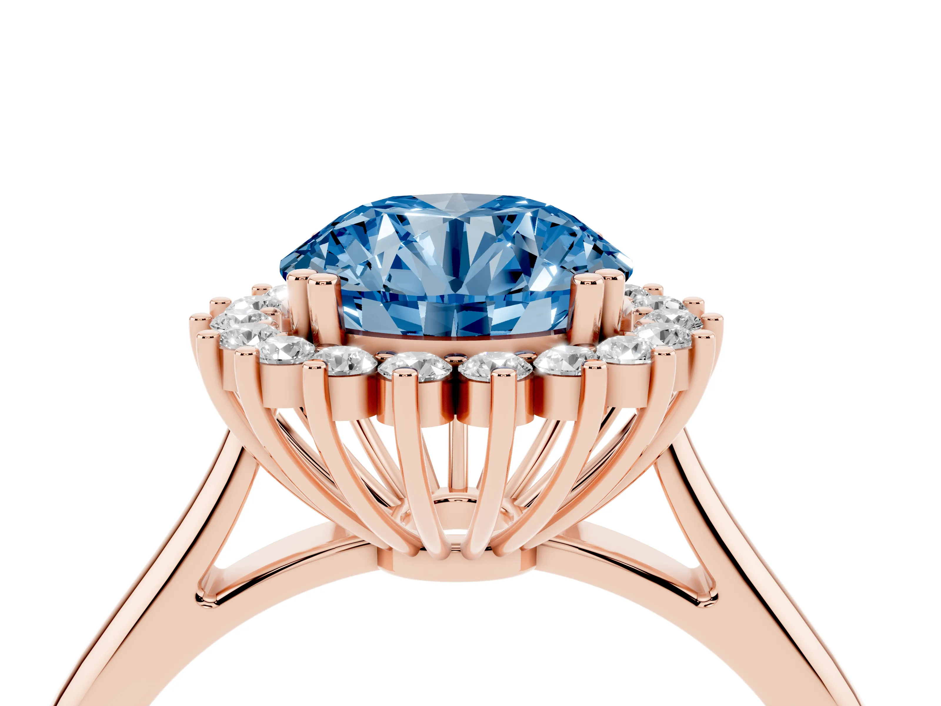 Fancy Blue Round Cut Diamond Halo Ring Set in Rose gold with Plain Solitaire Band and Prong Setting