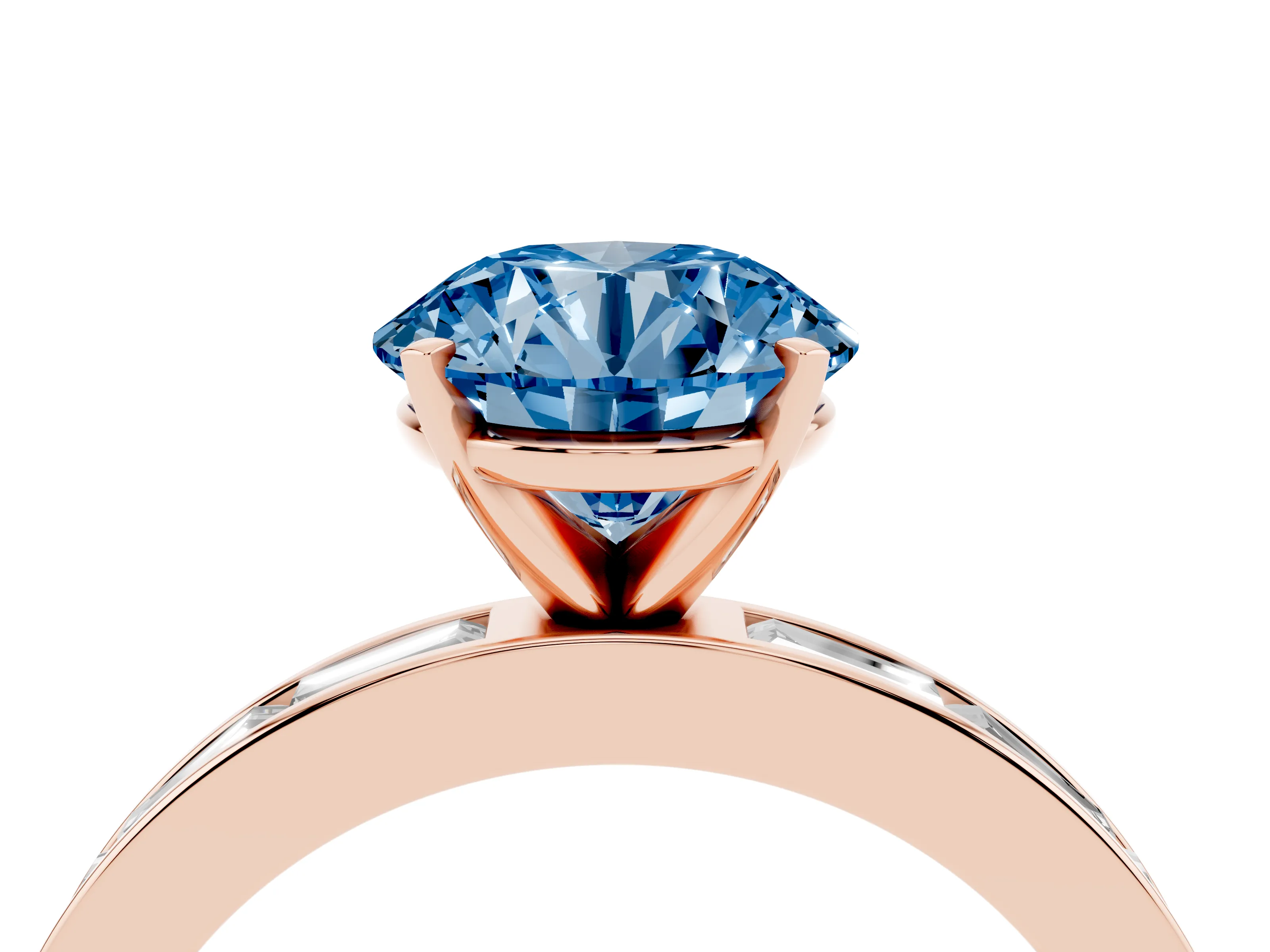 Fancy Blue Round Cut Diamond Solitaire Ring Set in Rose gold with Channel-Set Baguette Band and Prong Setting