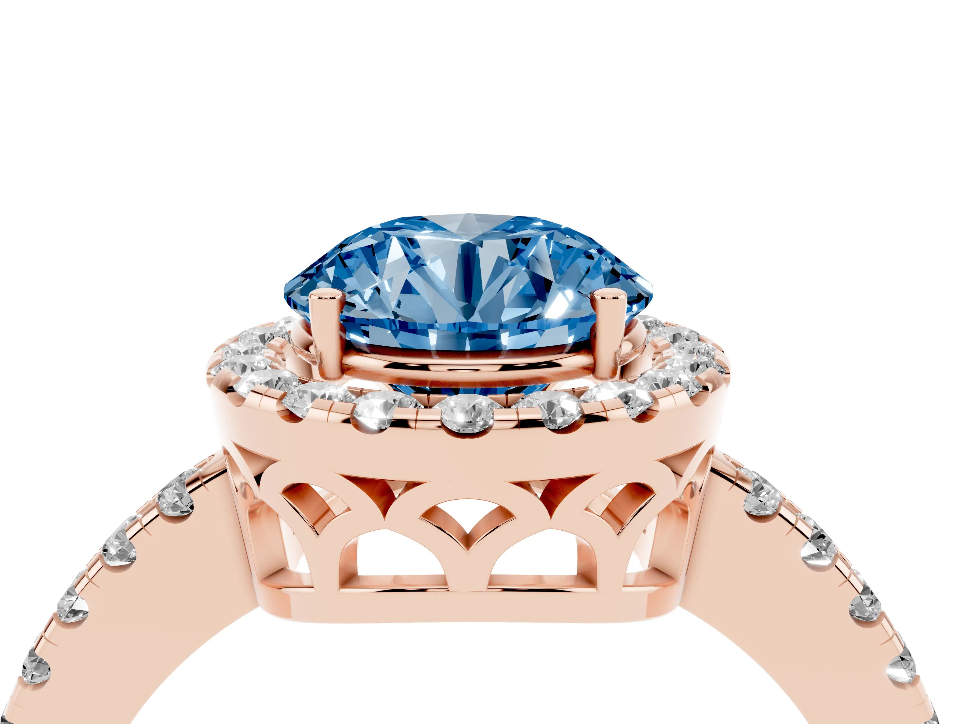 Fancy Blue Round Cut Diamond Pavé Band Halo Engagement Ring Set in Rose gold with Prong Setting