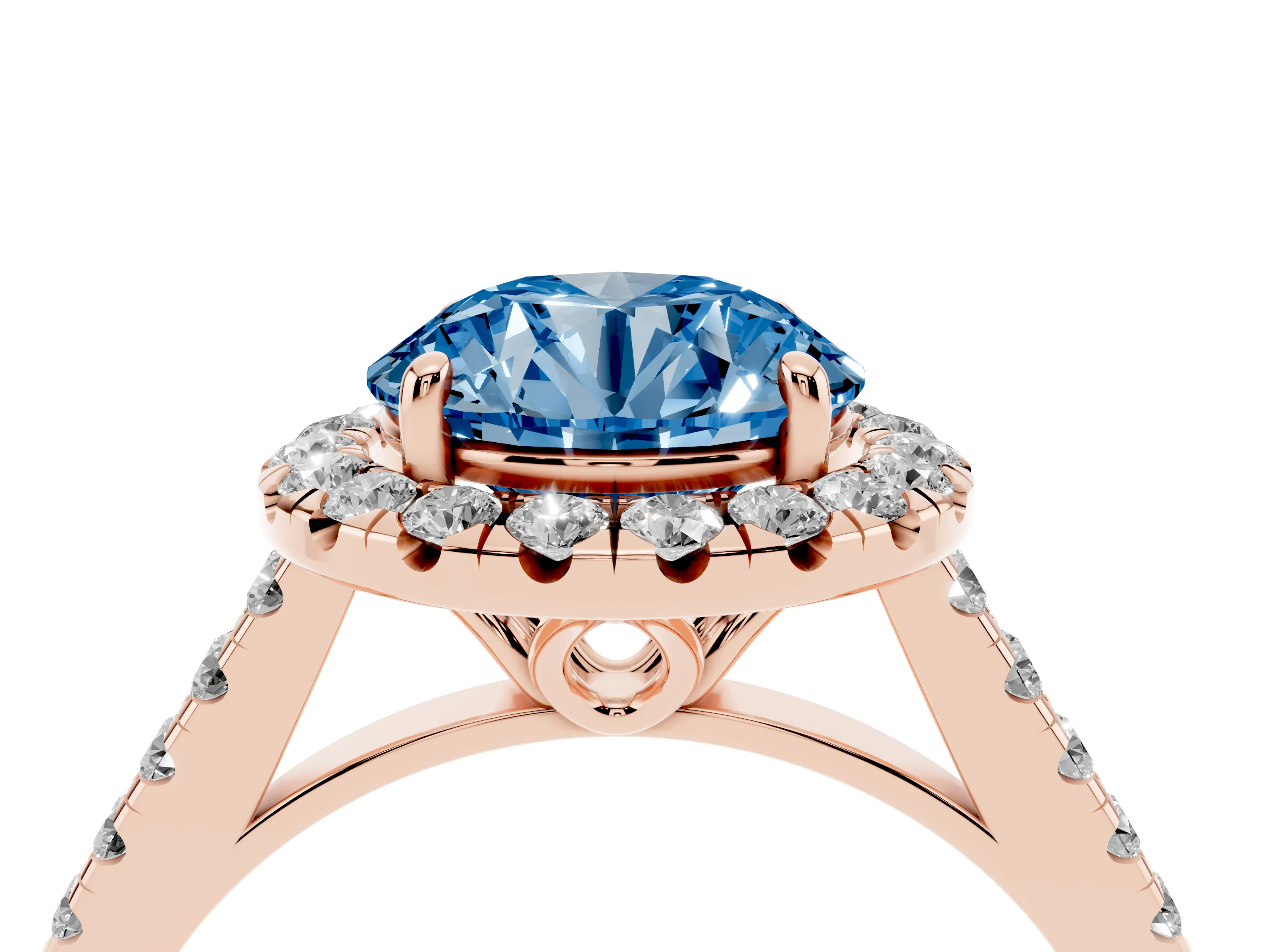 Fancy Blue Round Cut Diamond Pavé Halo Engagement Ring Set in Rose gold with Pavé Band and Prong Setting
