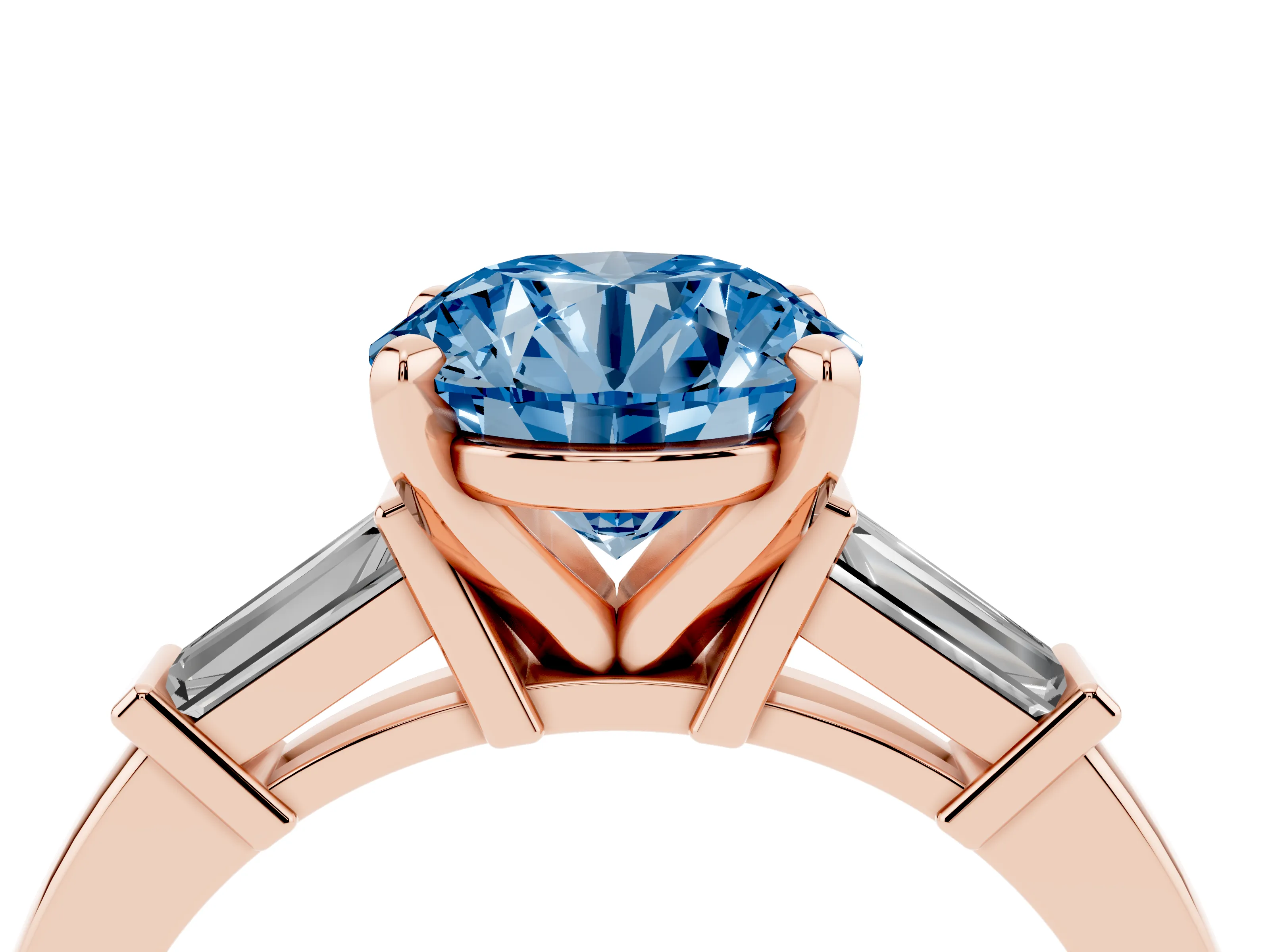 Fancy Blue Round Cut Diamond Solitaire Ring Set in Rose gold with Tapered Baguette Accents and Prong Setting