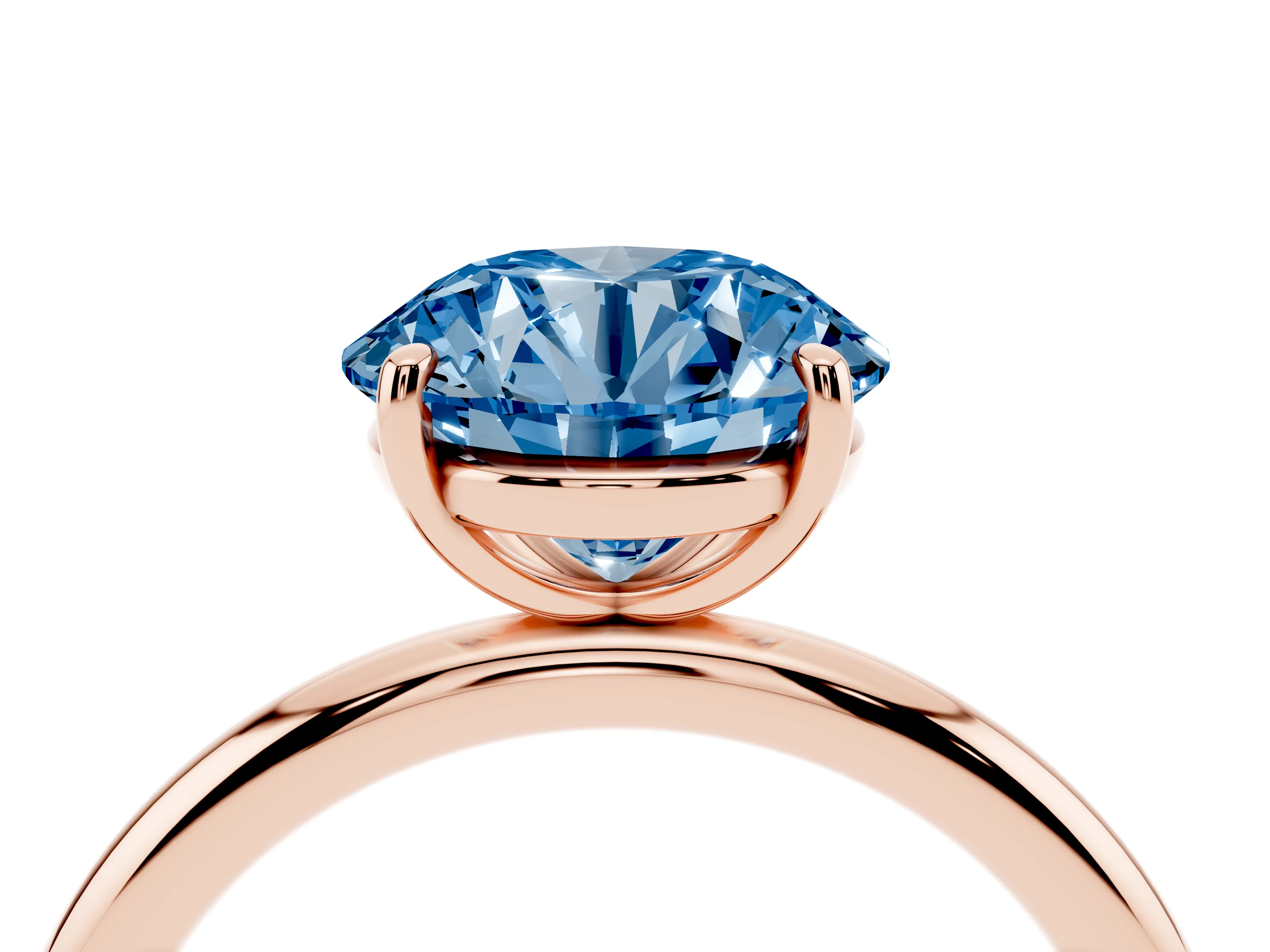 Fancy Blue Round Cut Diamond Solitaire Ring Set in Rose gold with Prong Setting on a Polished Plain Band
