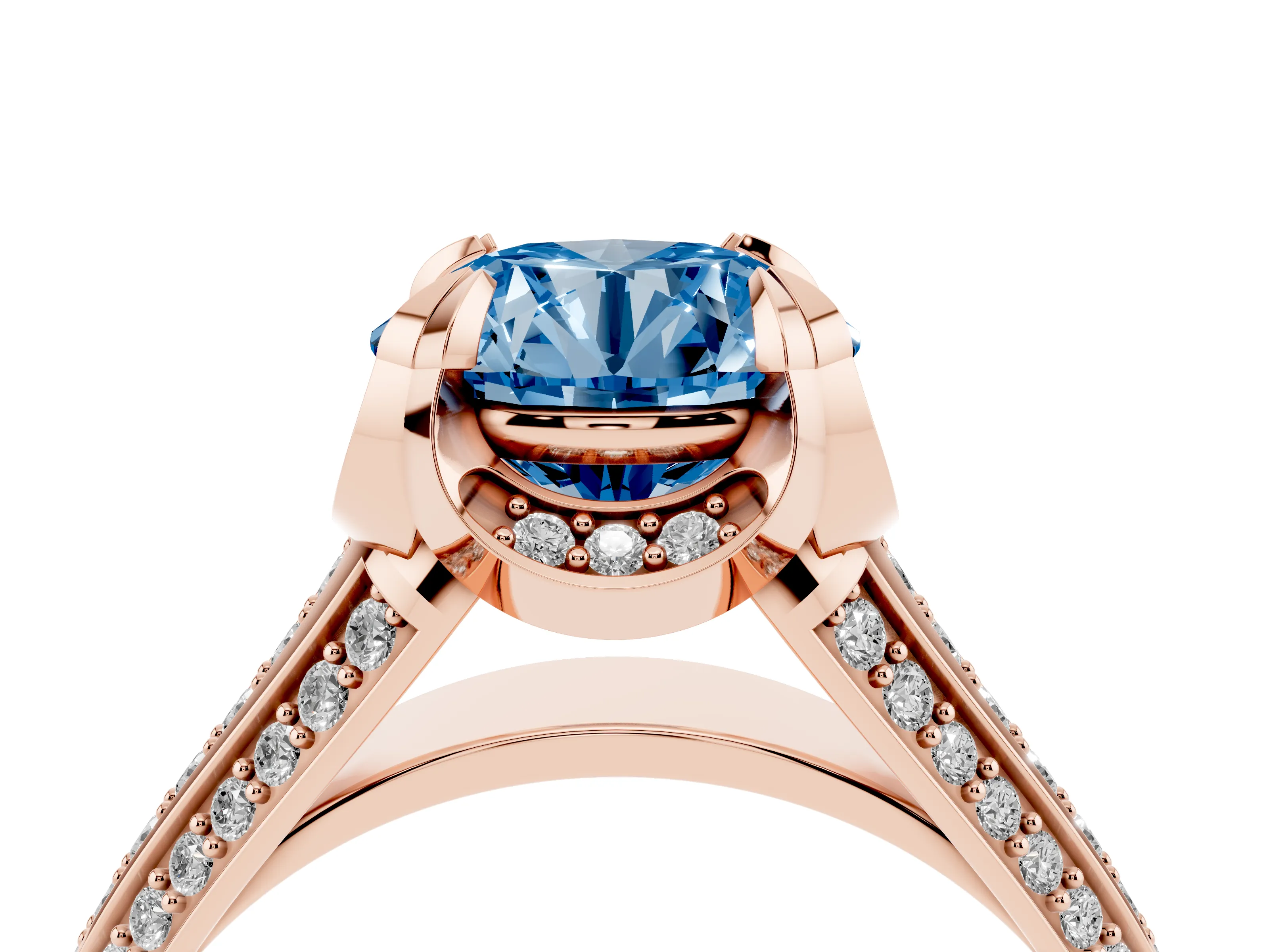 Fancy Blue Round Cut Diamond Pavé Split Shank Solitaire Ring Set in Rose gold with Prong Setting