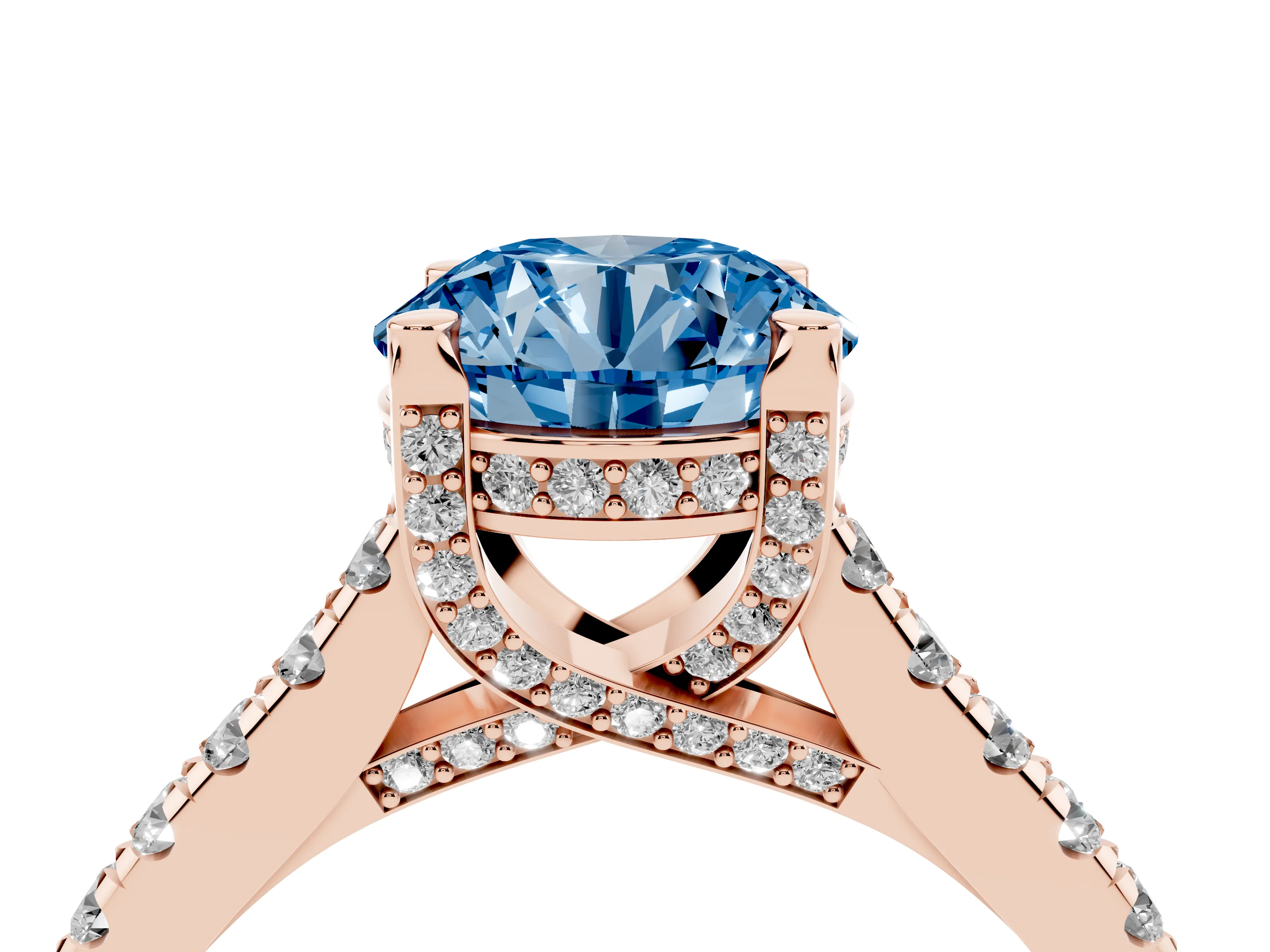 Fancy Blue Round Cut Diamond Solitaire Ring Set in Rose gold with Brilliant Pavé Band and Prong Setting