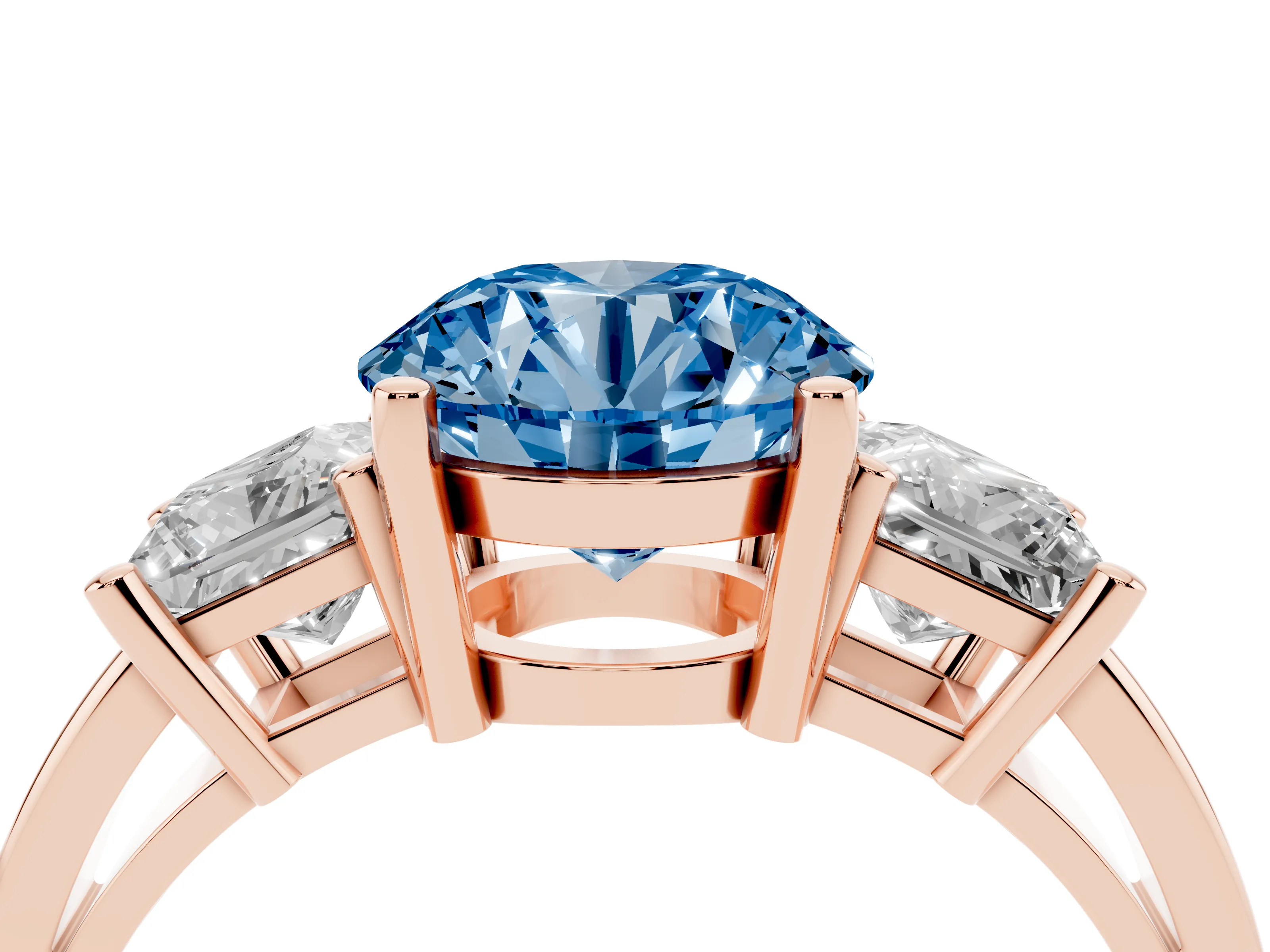 Fancy Blue Three-Stone Round Cut Diamond Solitaire Ring Set in Rose gold with Prong Setting