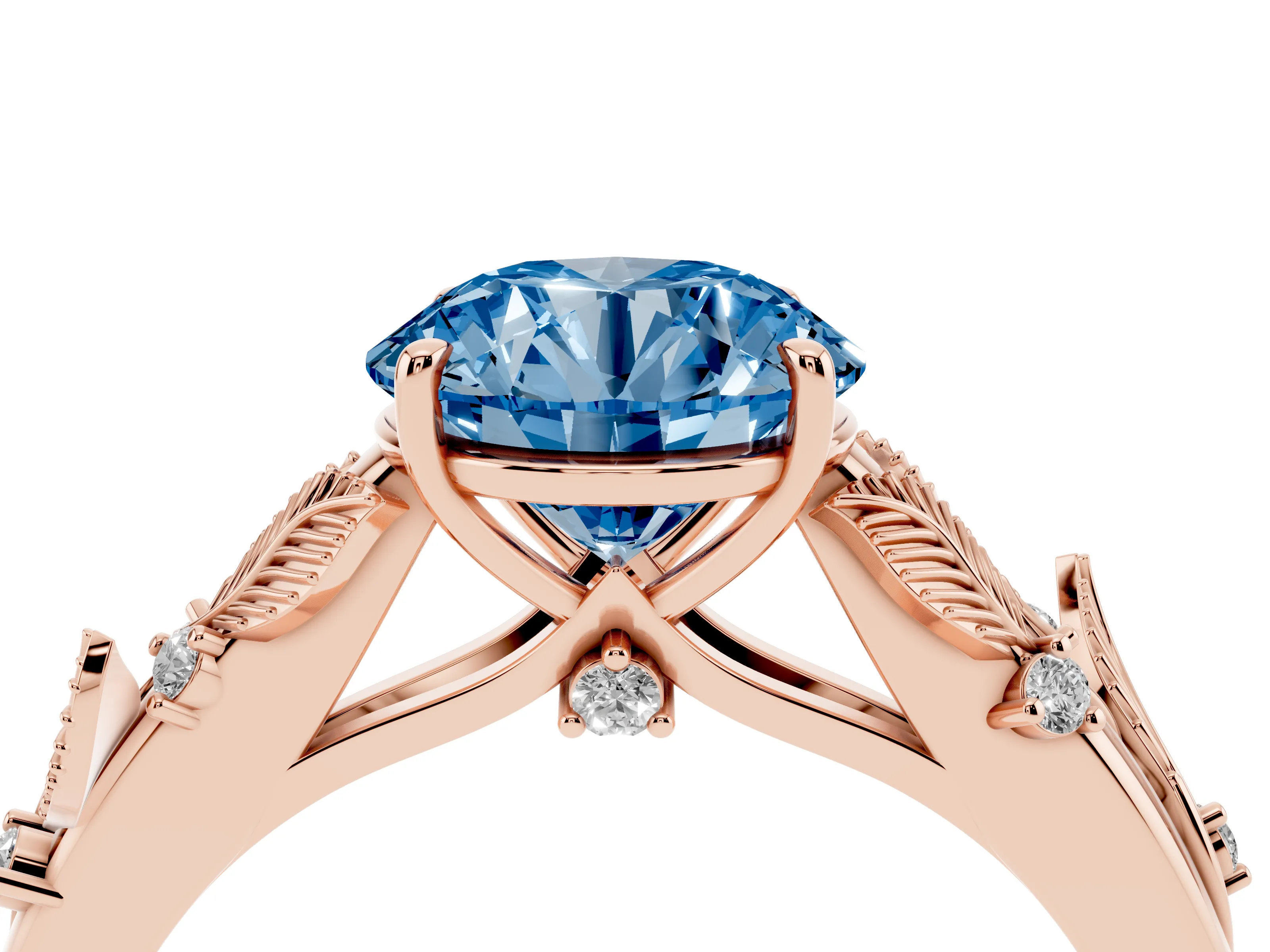 Fancy Blue Round Cut Diamond Solitaire Ring Set in Rose gold with Leaf Motif Band