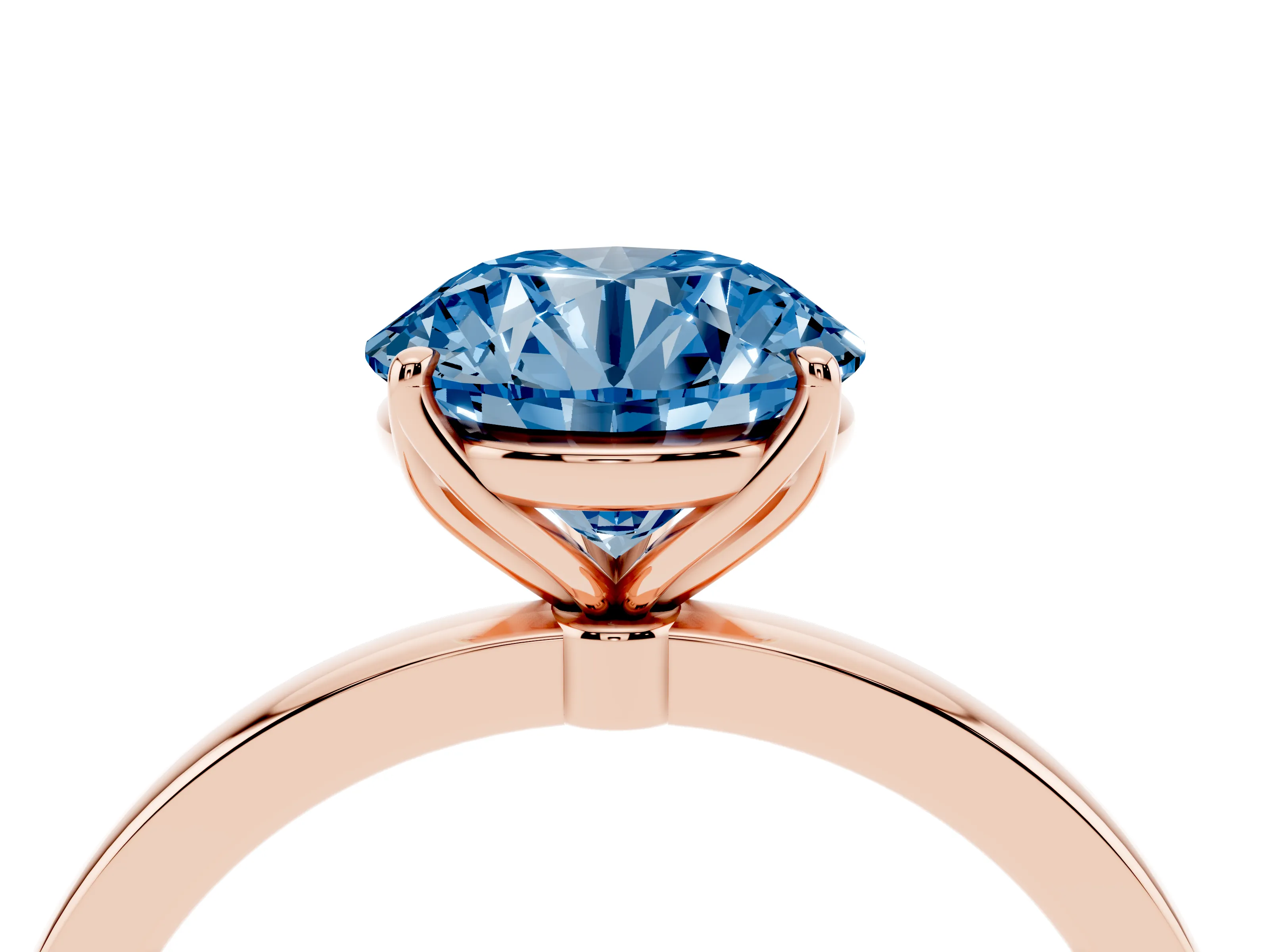 Fancy Blue Round Cut Diamond Solitaire Ring Set in Rose gold with Prong Setting and Thin Polished Band