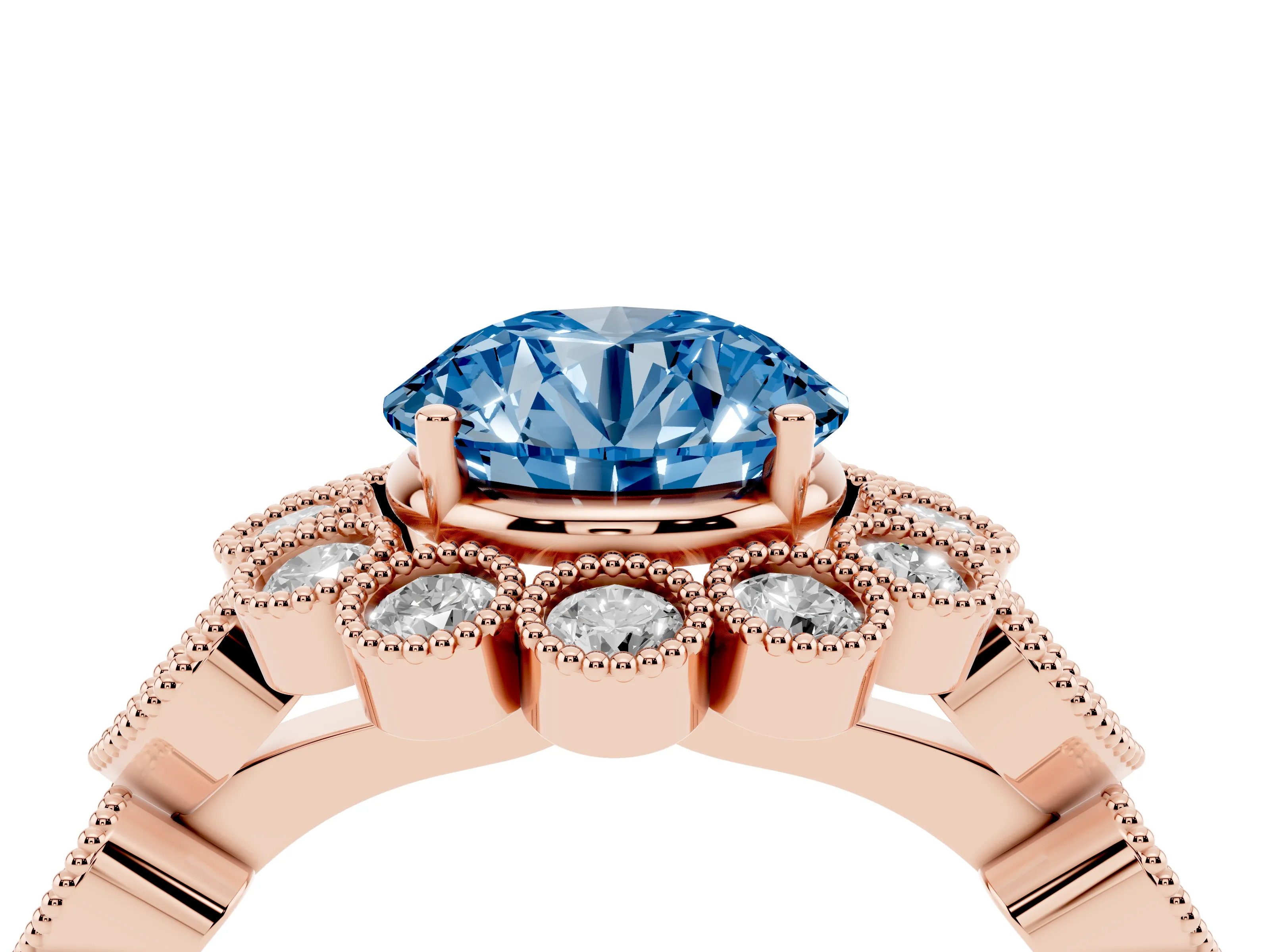 Fancy Blue Round Cut Diamond Solitaire Ring Set in Rose gold with Milgrain Pavé Heart Band