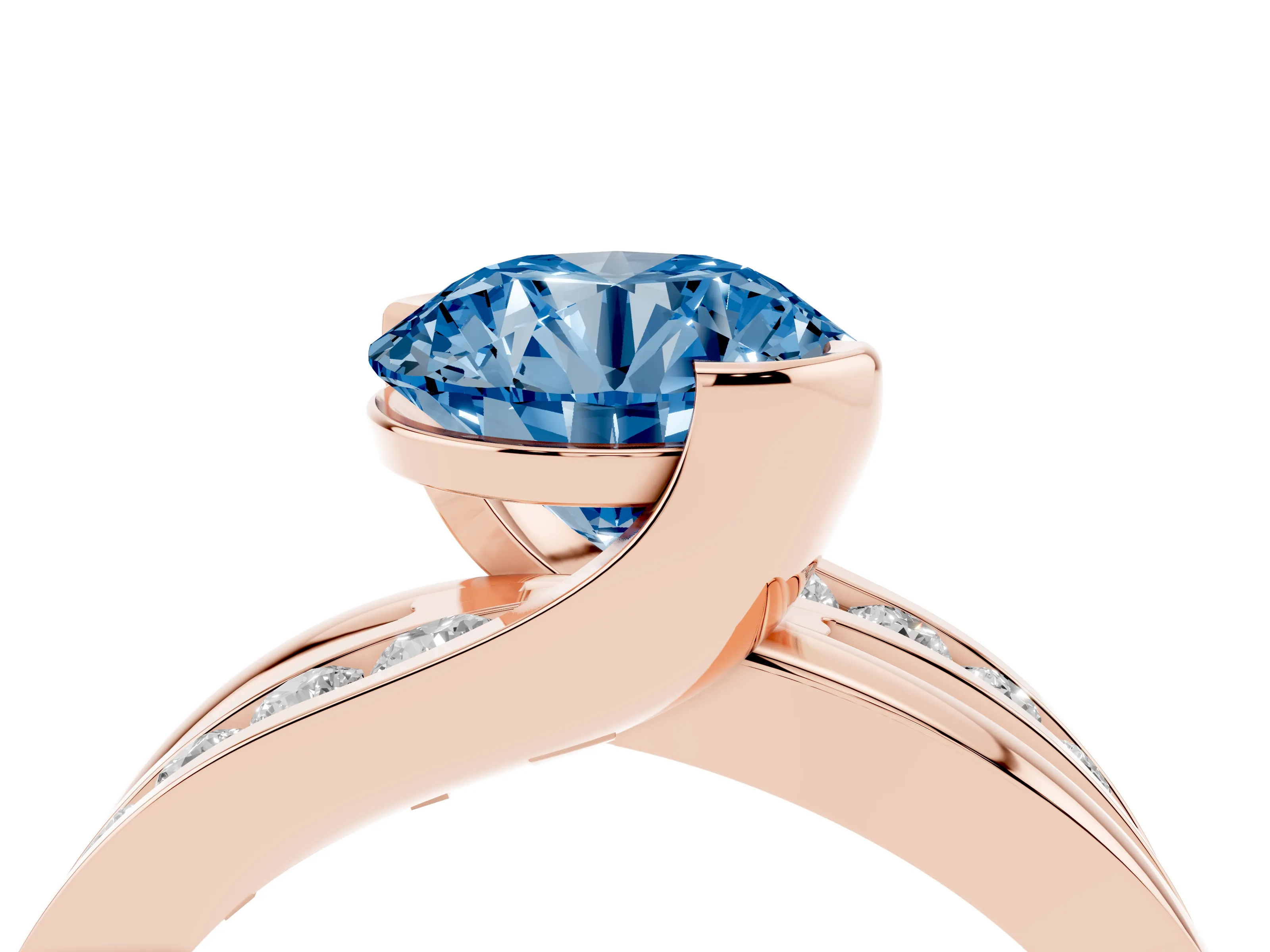 Fancy Blue Round Cut Diamond Solitaire Ring Set in Rose gold with Channel Set Split Shank and Tension Prongs
