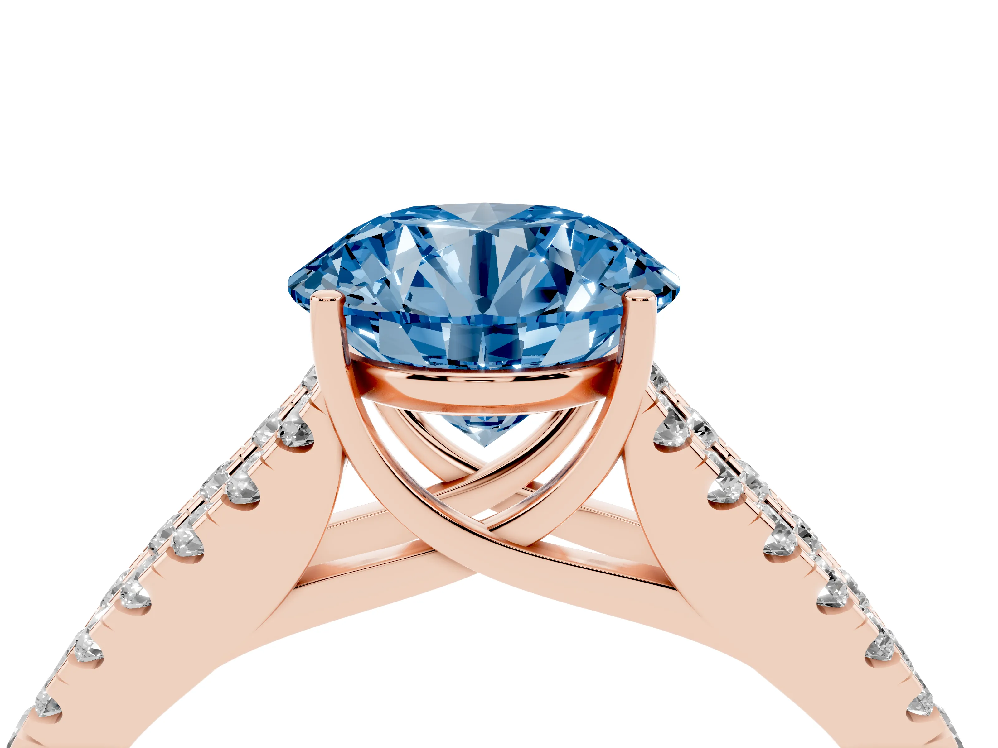 Fancy Blue Round Cut Diamond Split Shank Pavé Engagement Ring Set in Rose gold with Prong-Held Center Stone