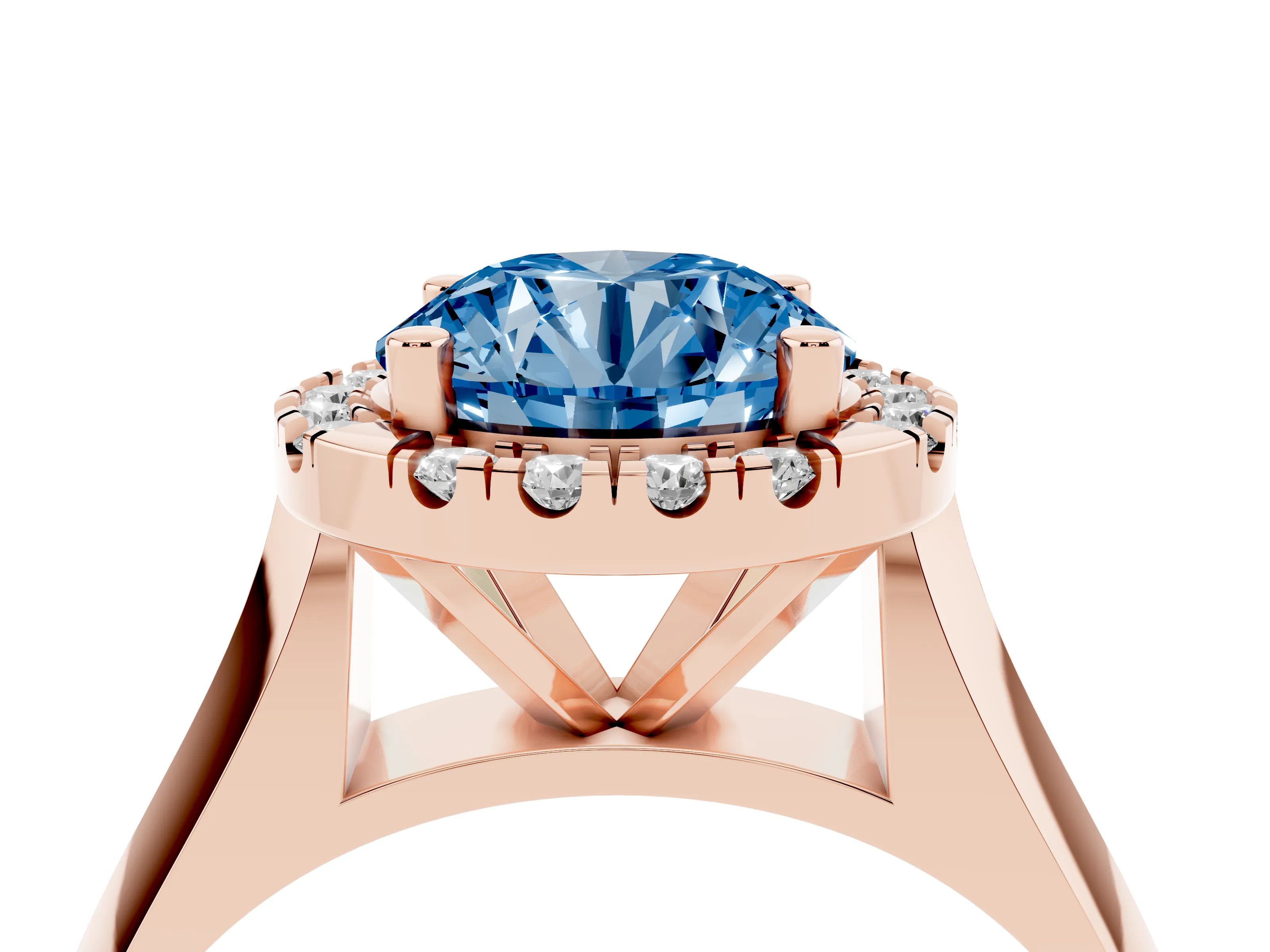 Fancy Blue Round Cut Diamond Halo Solitaire Engagement Ring Set in Rose gold with Square Band and Prong Setting