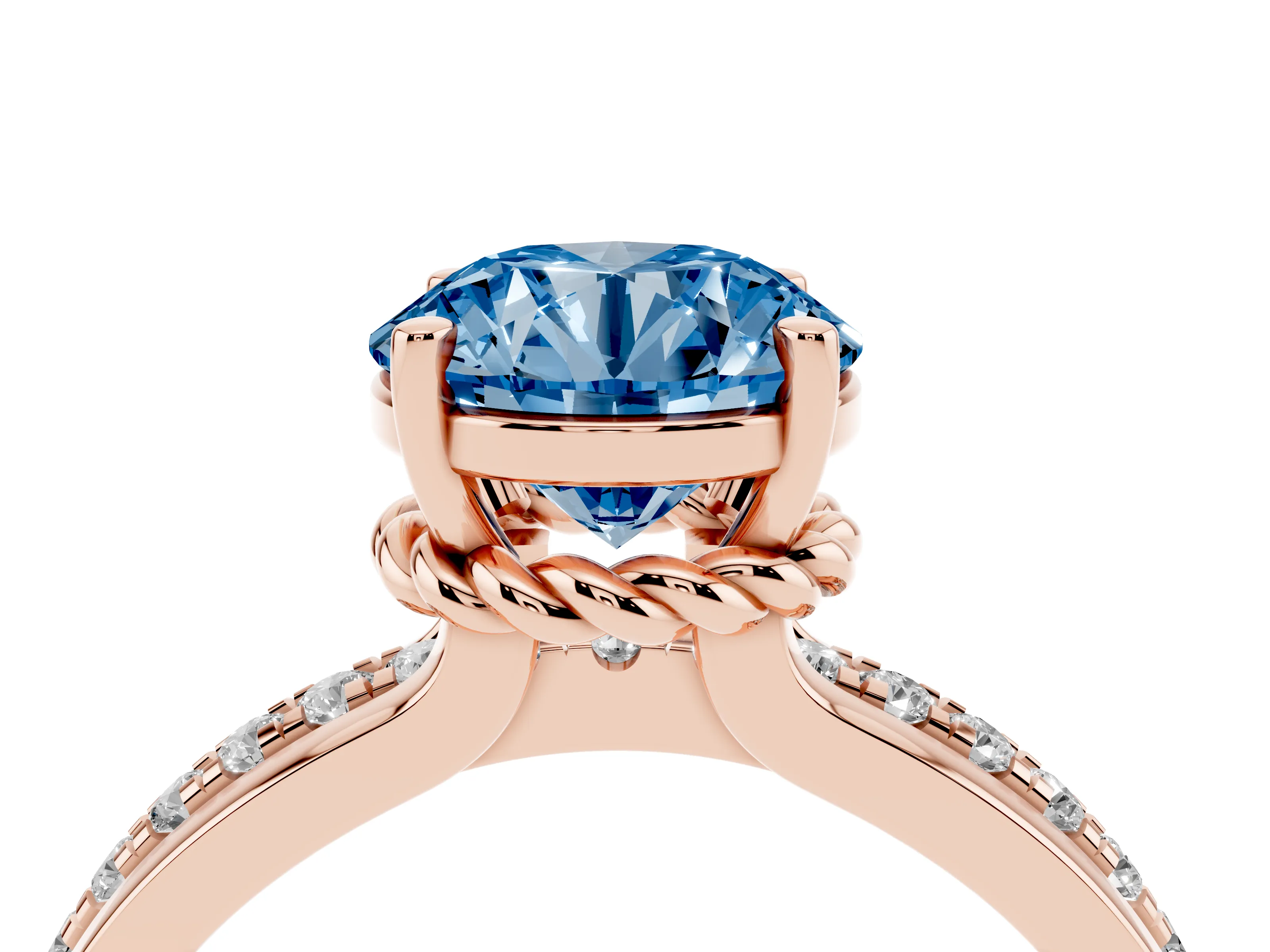 Fancy Blue Round Cut Diamond Solitaire Ring Set in Rose gold with Channel Set Band and Prong Setting