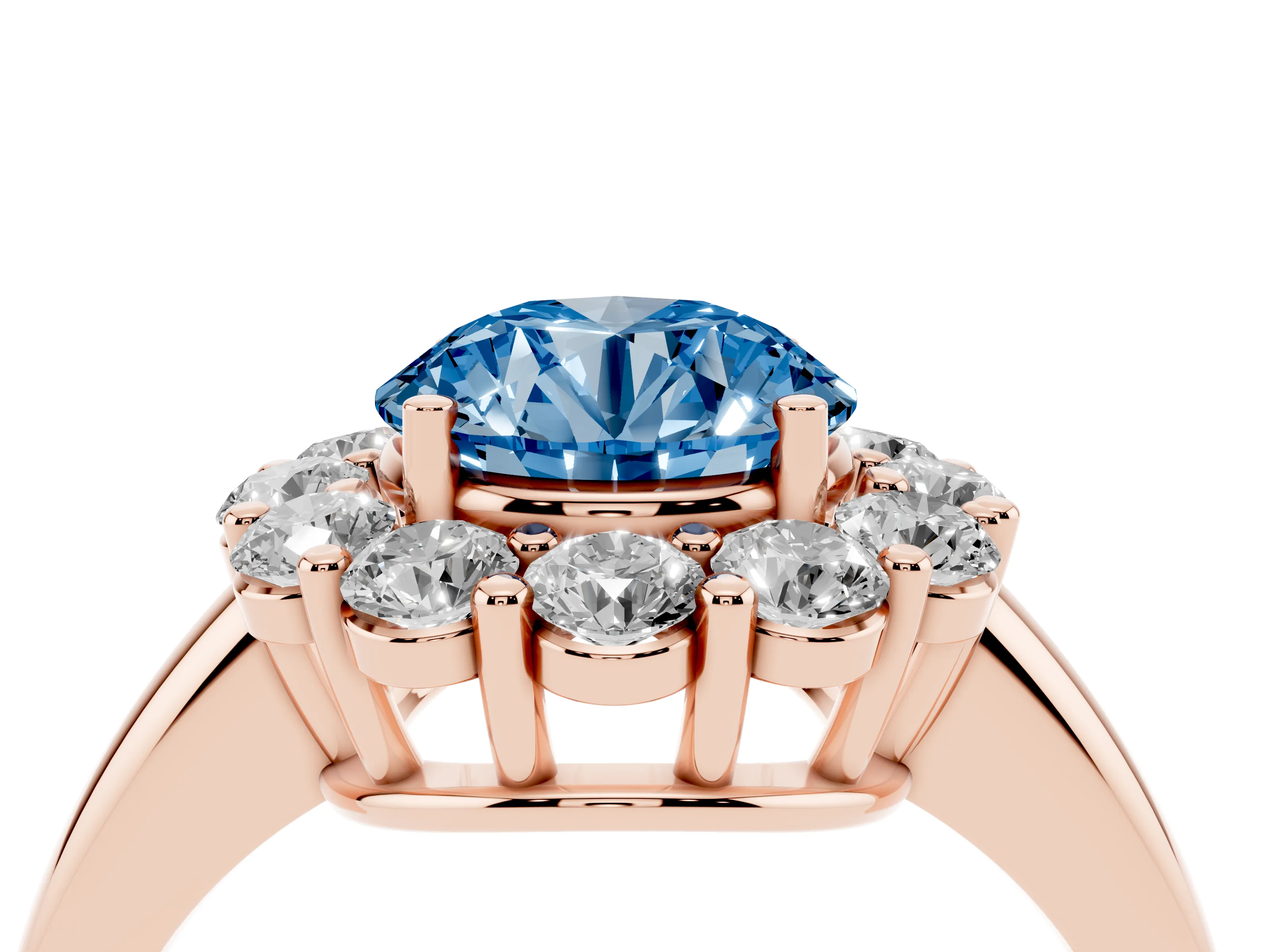 Fancy Blue Round Cut Diamond Halo Cluster Engagement Ring Set in Rose gold with Polished Band and Prong Setting