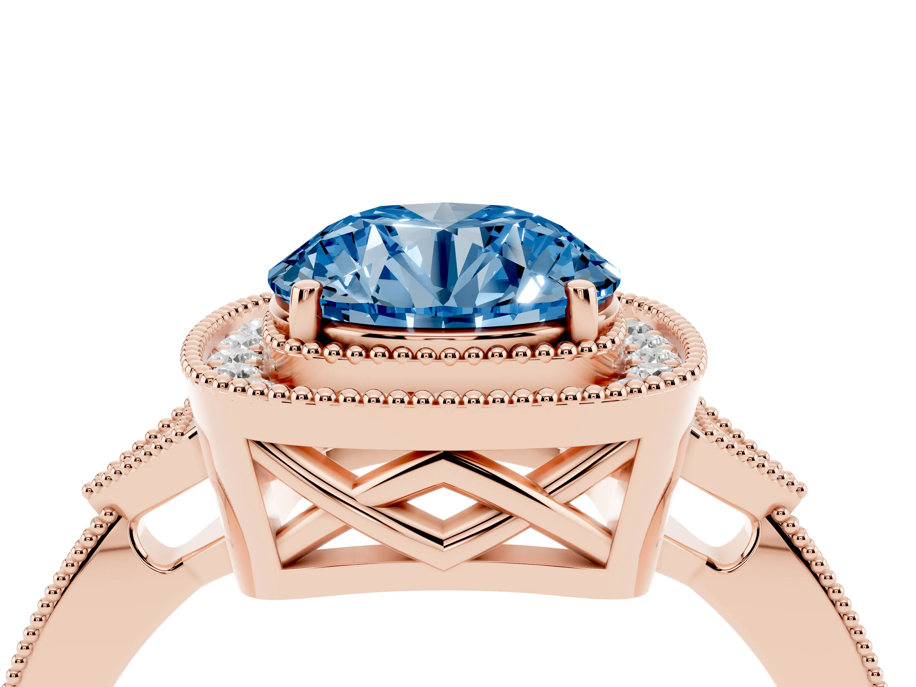 Fancy Blue Round Cut Diamond Halo Engagement Ring Set in Rose gold with Milgrain Pavé Band
