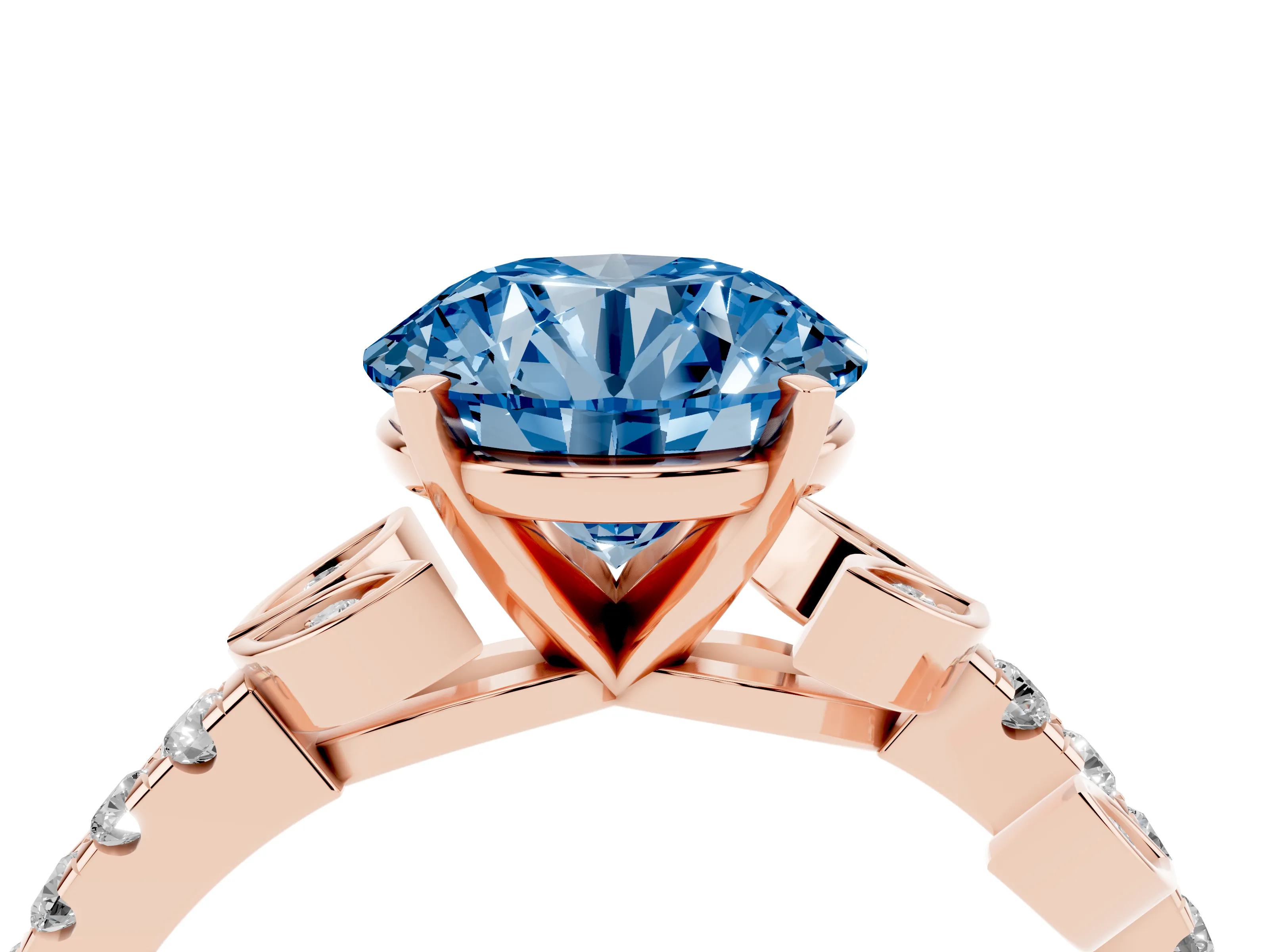 Fancy Blue Round Cut Diamond Solitaire Leaf-Inspired Ring Set in Rose gold with Pavé Band and Prong Setting