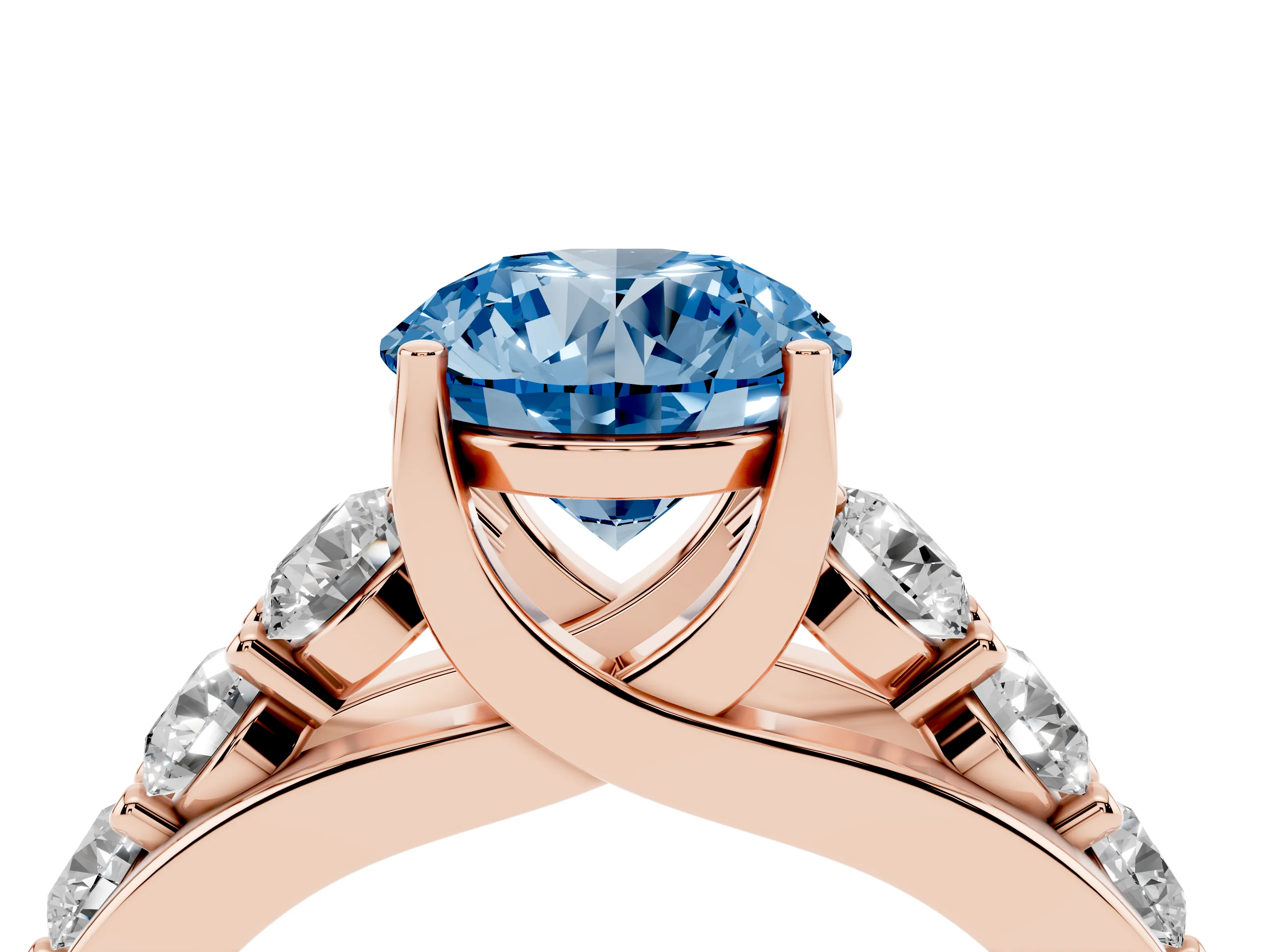 Fancy Blue Round Cut Diamond Pavé Engagement Ring Set in Rose gold with Prong Setting