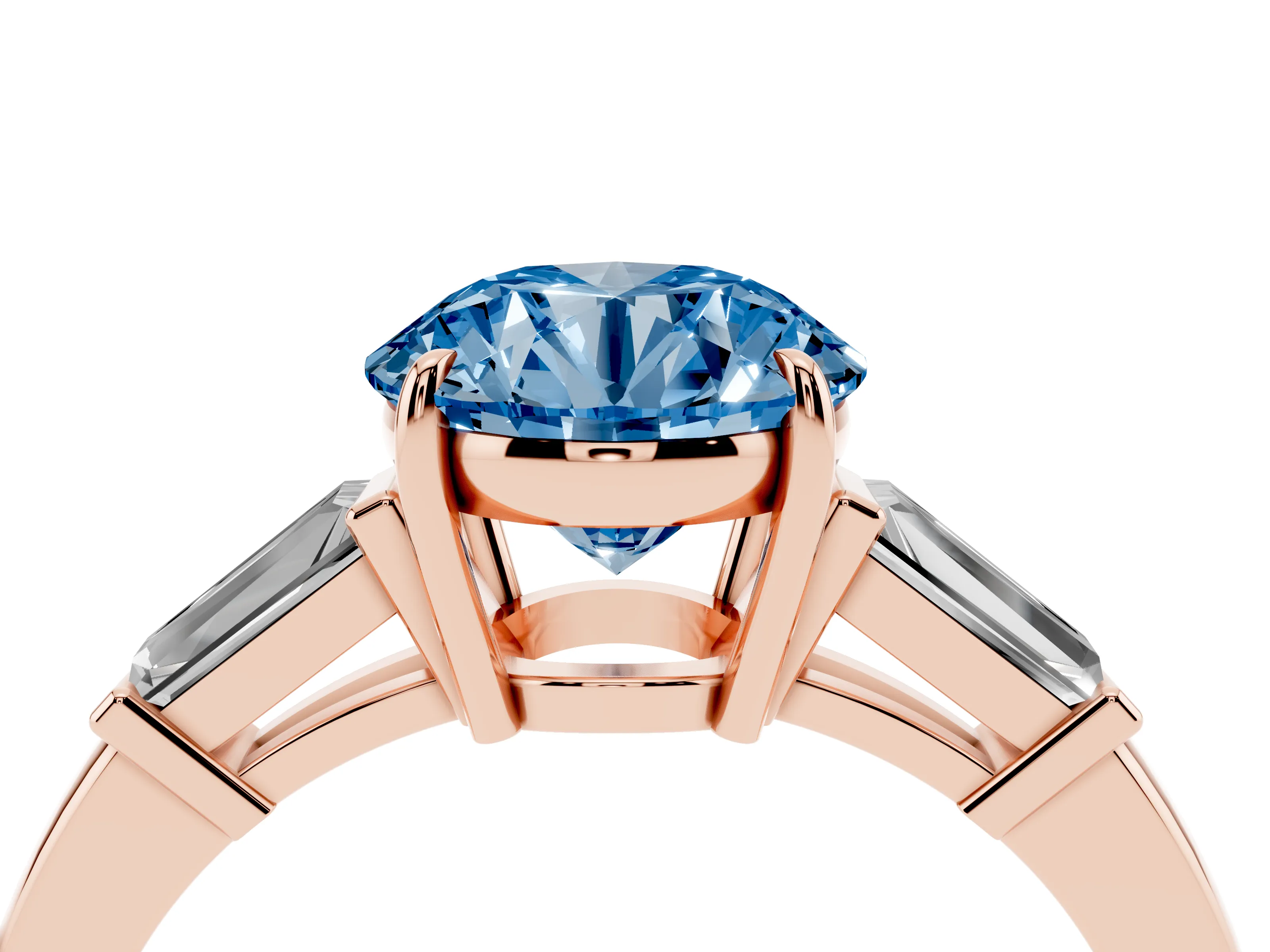 Fancy Blue Round Cut Diamond Three-Stone Ring Set in Rose gold with Tapered Baguette Side Stones and Prong Setting