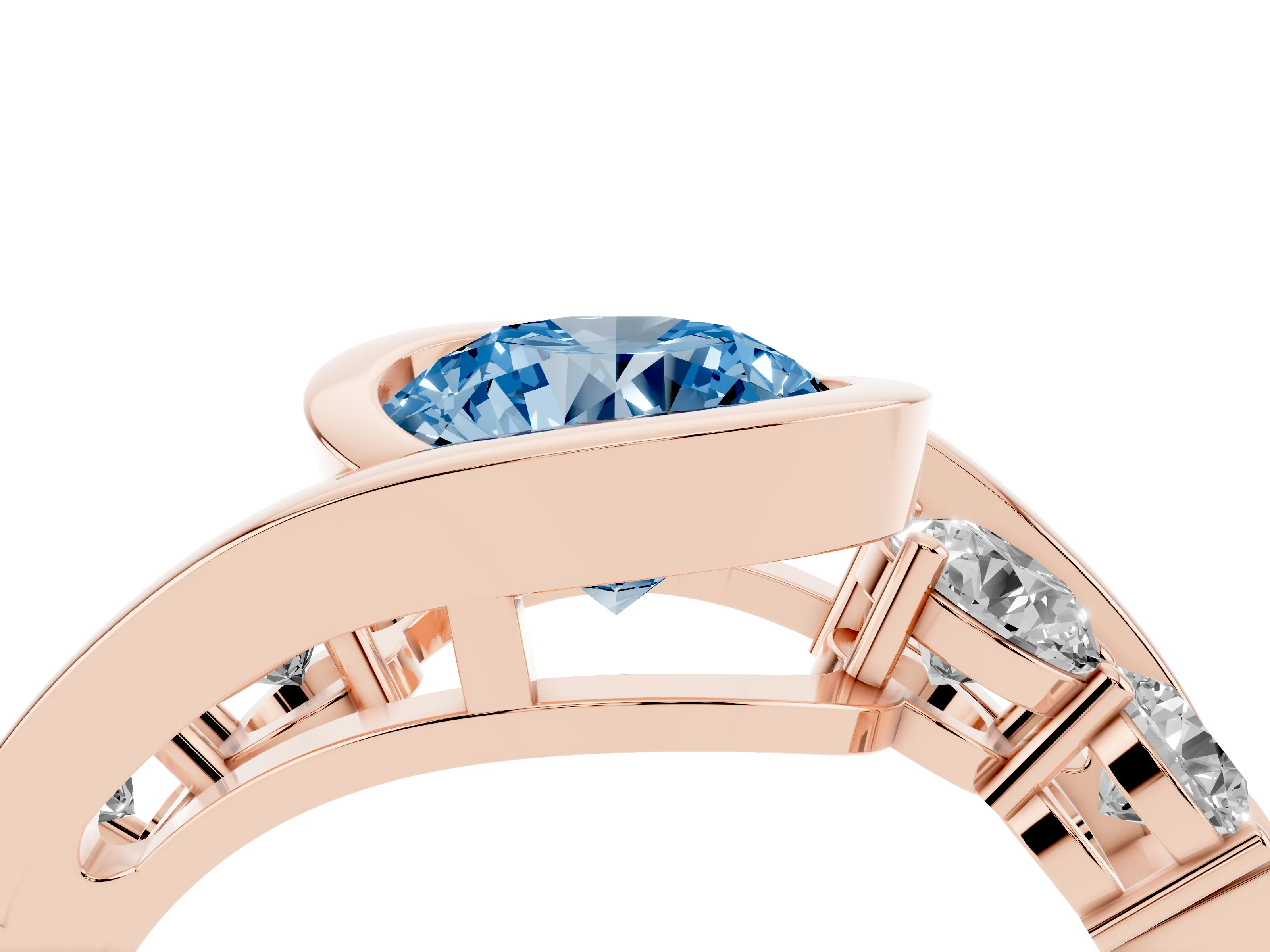 Fancy Blue Round Cut Diamond Bezel Bypass Ring Set in Rose gold with Round Accents