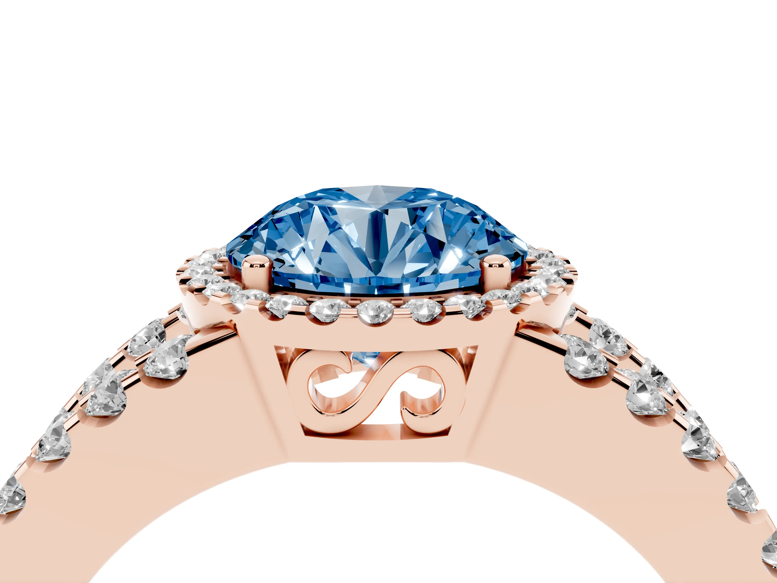 Fancy Blue Round Cut Diamond Halo Ring Set in Rose gold with Pavé Split Shank and Prong Setting