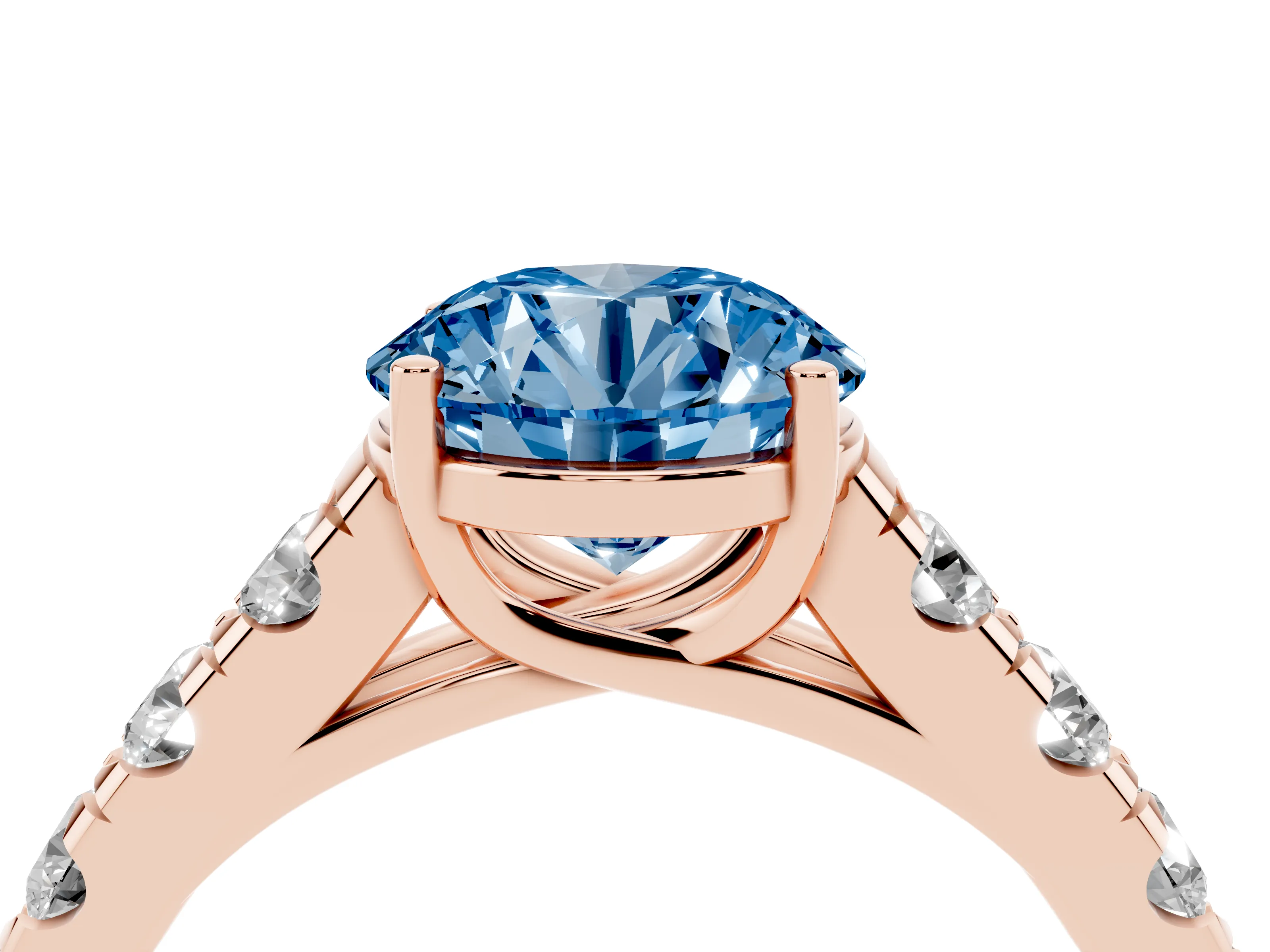Fancy Blue Round Cut Diamond Solitaire Ring Set in Rose gold with Cut-Down Micro Pavé Band and Prong Setting