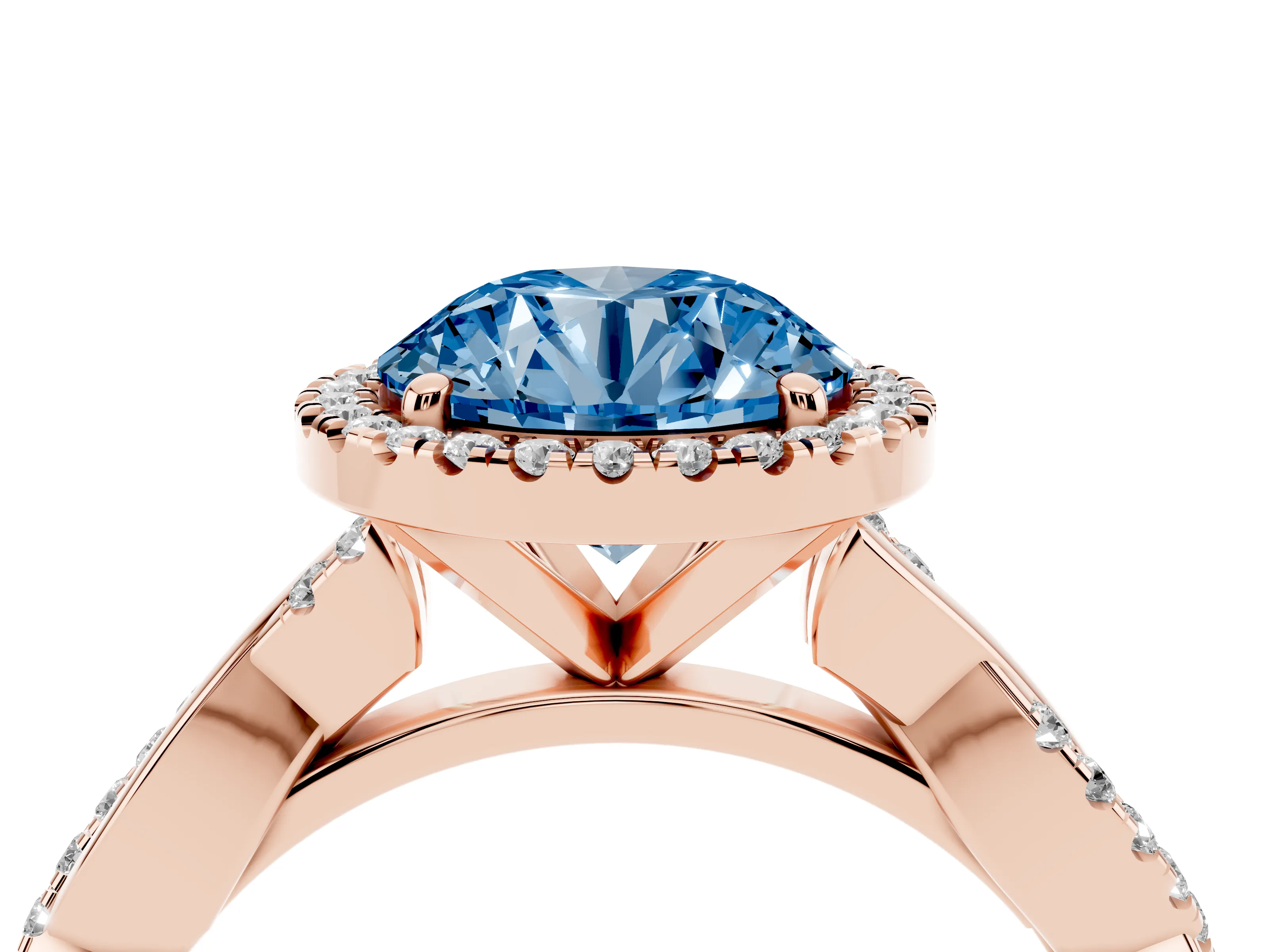 Fancy Blue Round Cut Diamond Halo Twisted Band Ring Set in Rose gold with Prong Setting