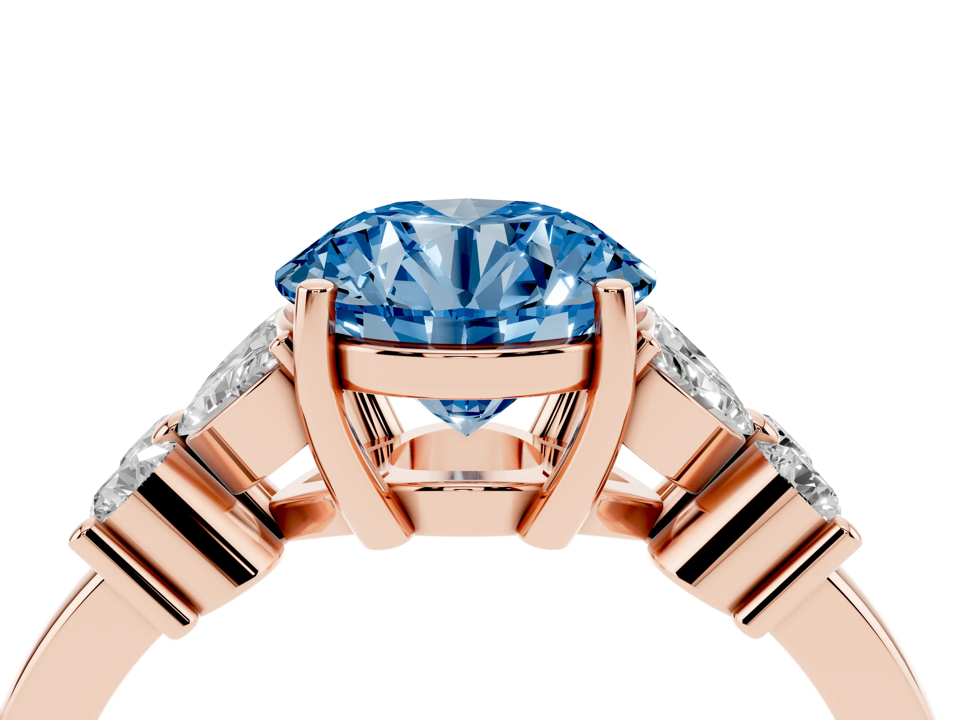 Fancy Blue Round Cut Diamond Floral Cluster Ring Set in Rose gold with Marquise Petals and Prong Setting