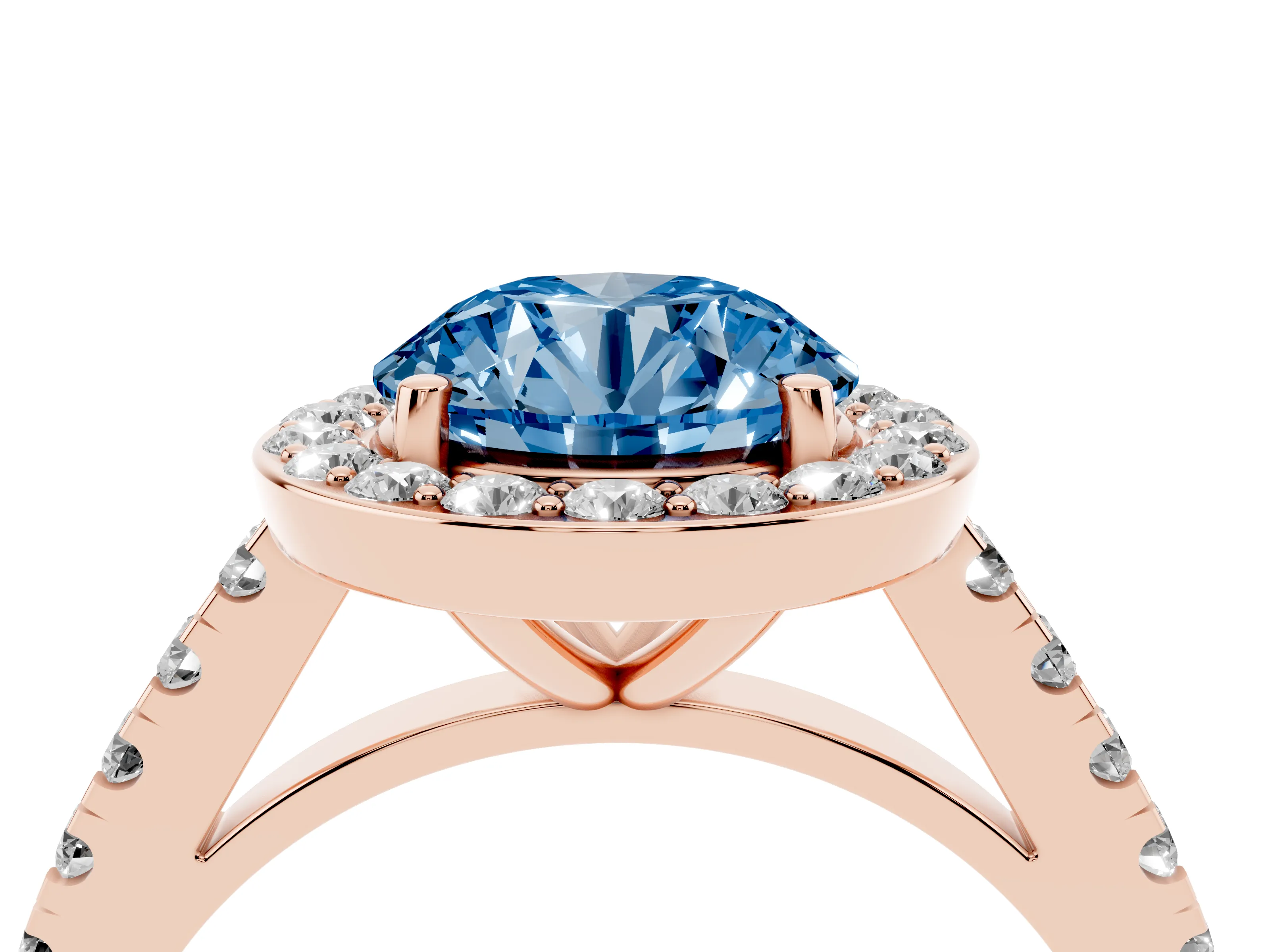 Fancy Blue Round Cut Diamond Halo Ring Set in Rose gold with Round Pavé Split Shank and Prong Setting