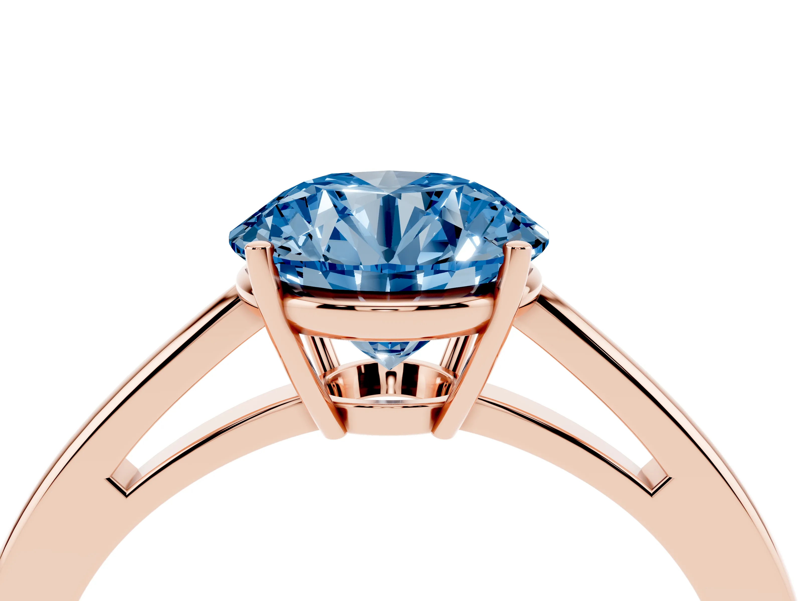 Fancy Blue Round Cut Diamond Solitaire Ring Set in Rose gold with Split Shank and Prong Setting