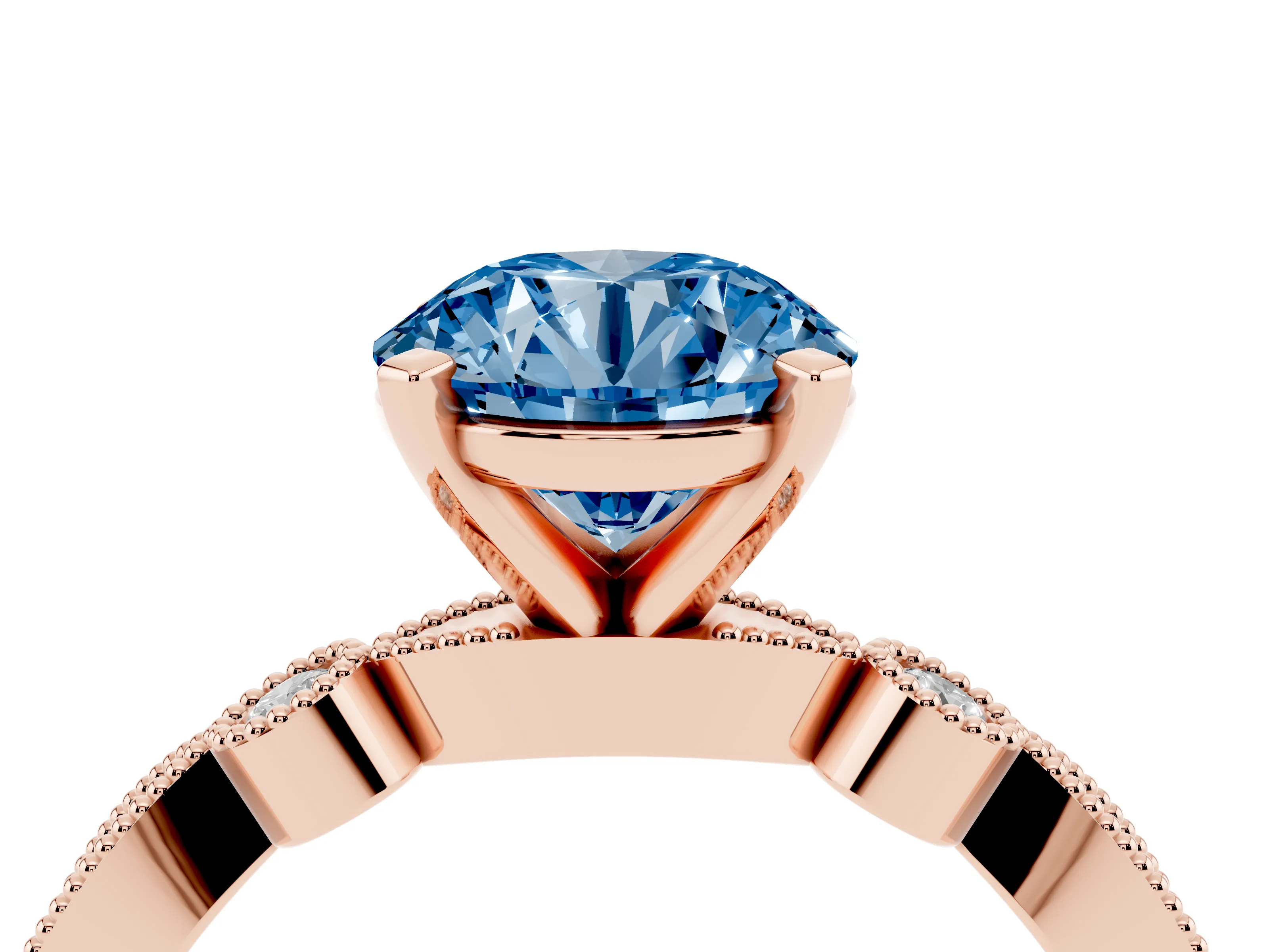 Fancy Blue Round Cut Diamond Solitaire Engagement Ring Set in Rose gold with Milgrain Bezel Accent Band